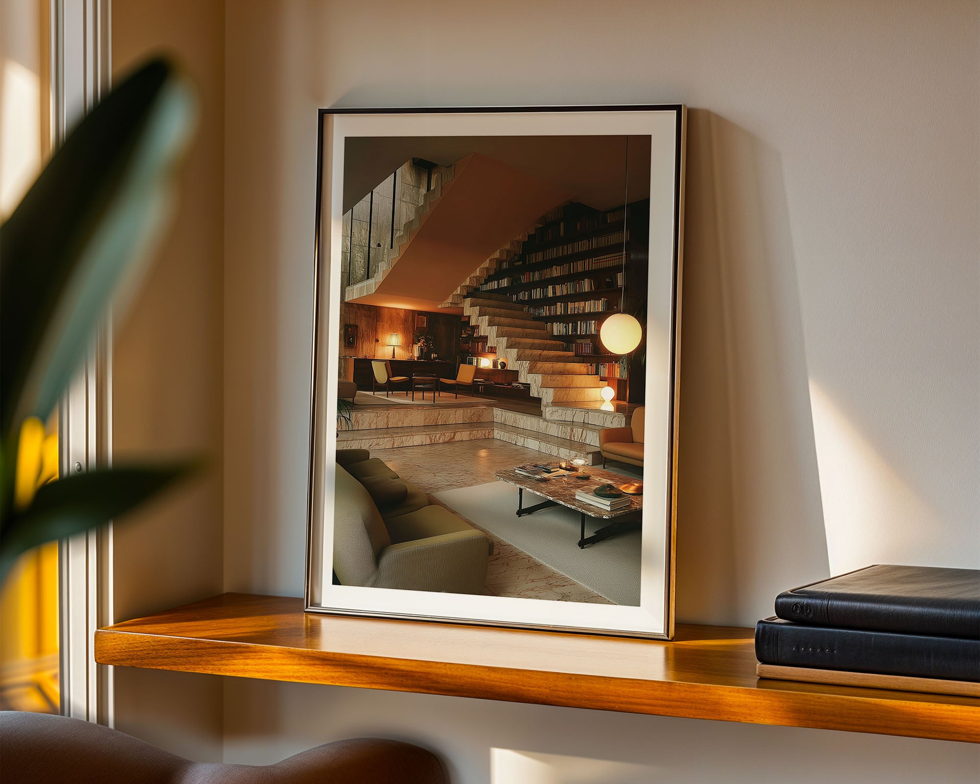 Framed photograph of a living room with a staircase on a wall shelf.