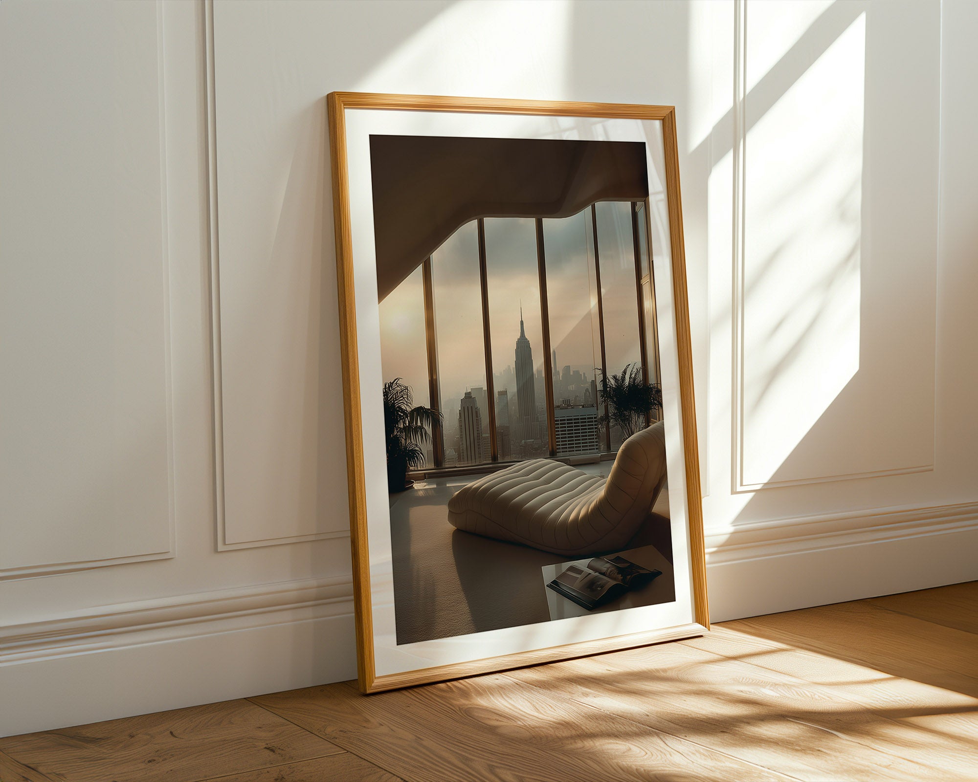 Framed photograph of a cityscape with a chair in front, on a wooden floor.