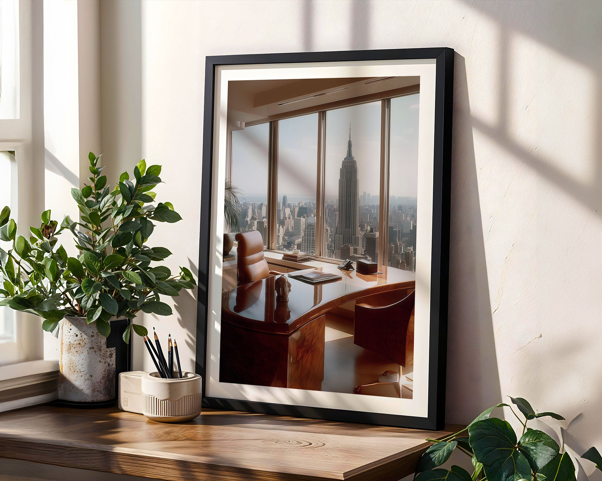 Framed artwork of a cityscape with a desk and chair, placed on a wooden surface with plants.