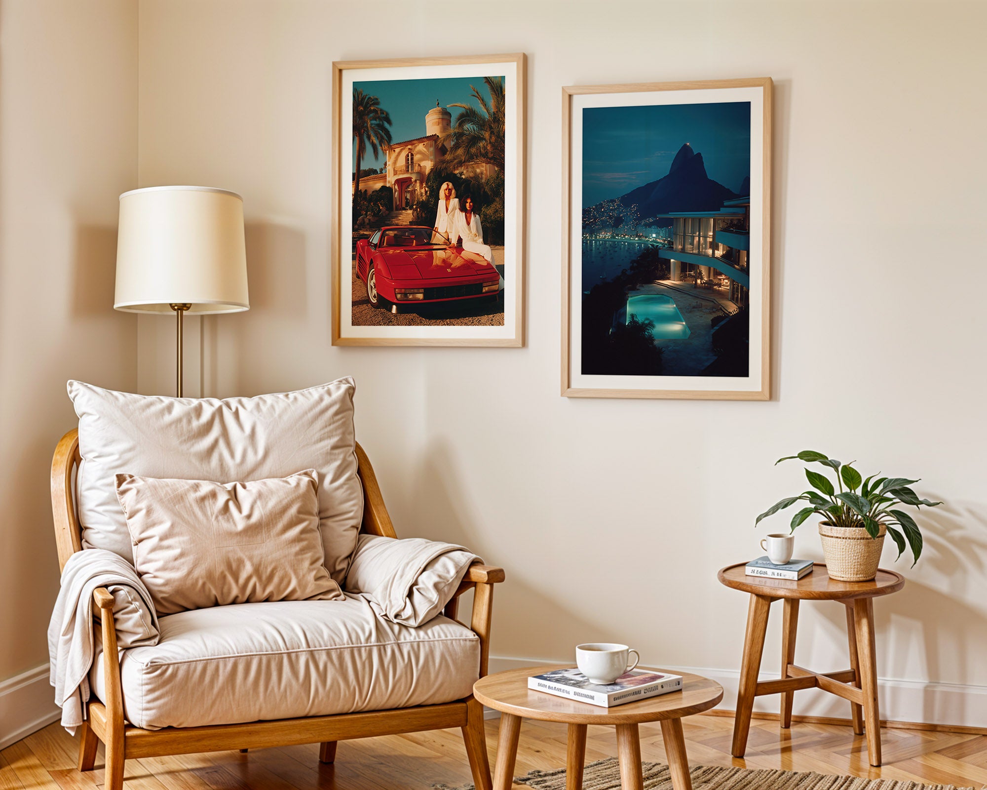 Living room with a wooden armchair, side table, and wall art