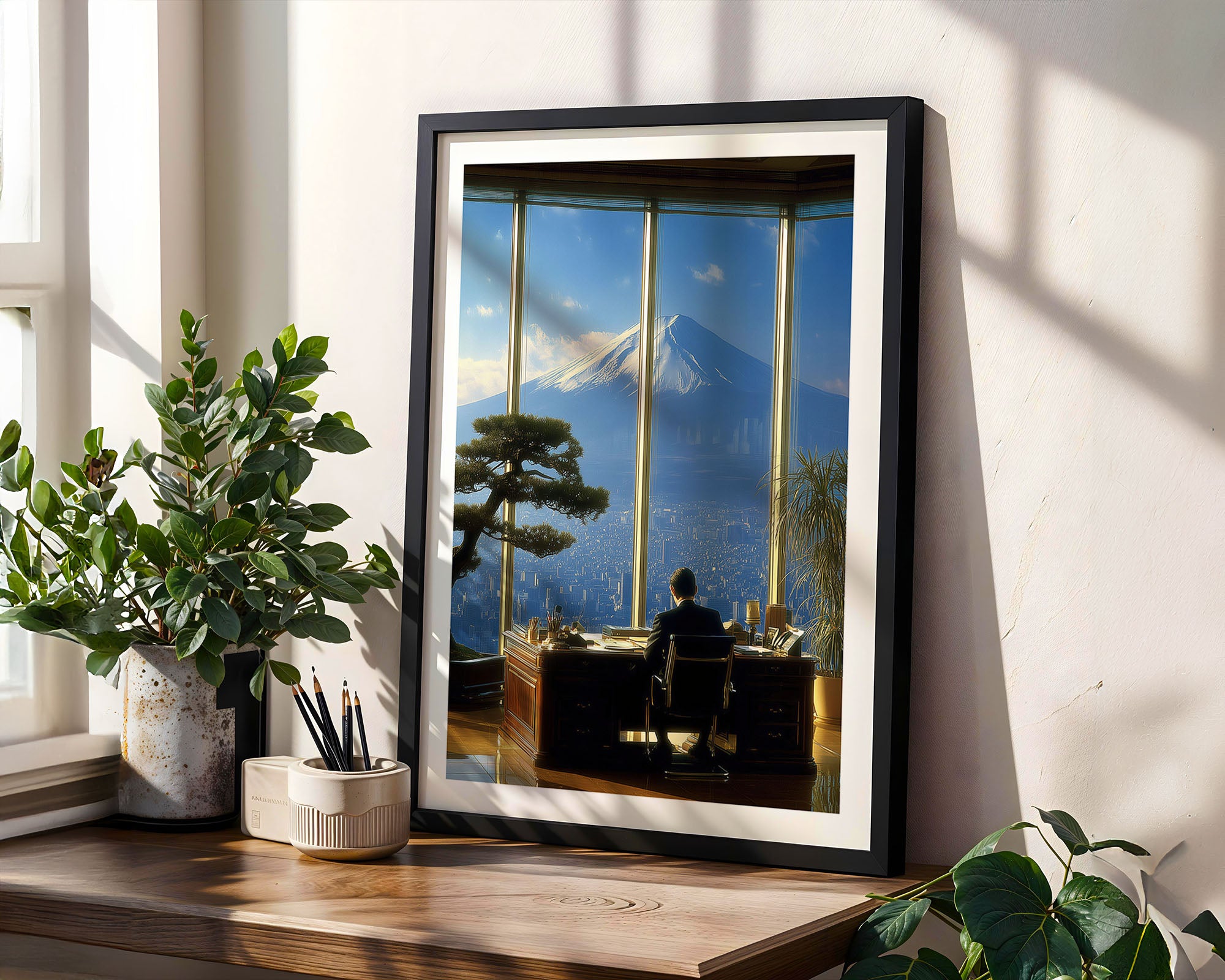 Framed artwork of a mountain scene on a wall with plants and a desk below.