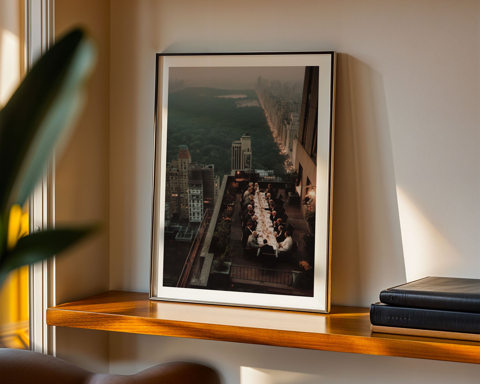 Framed cityscape print on a wooden shelf with books and a plant.