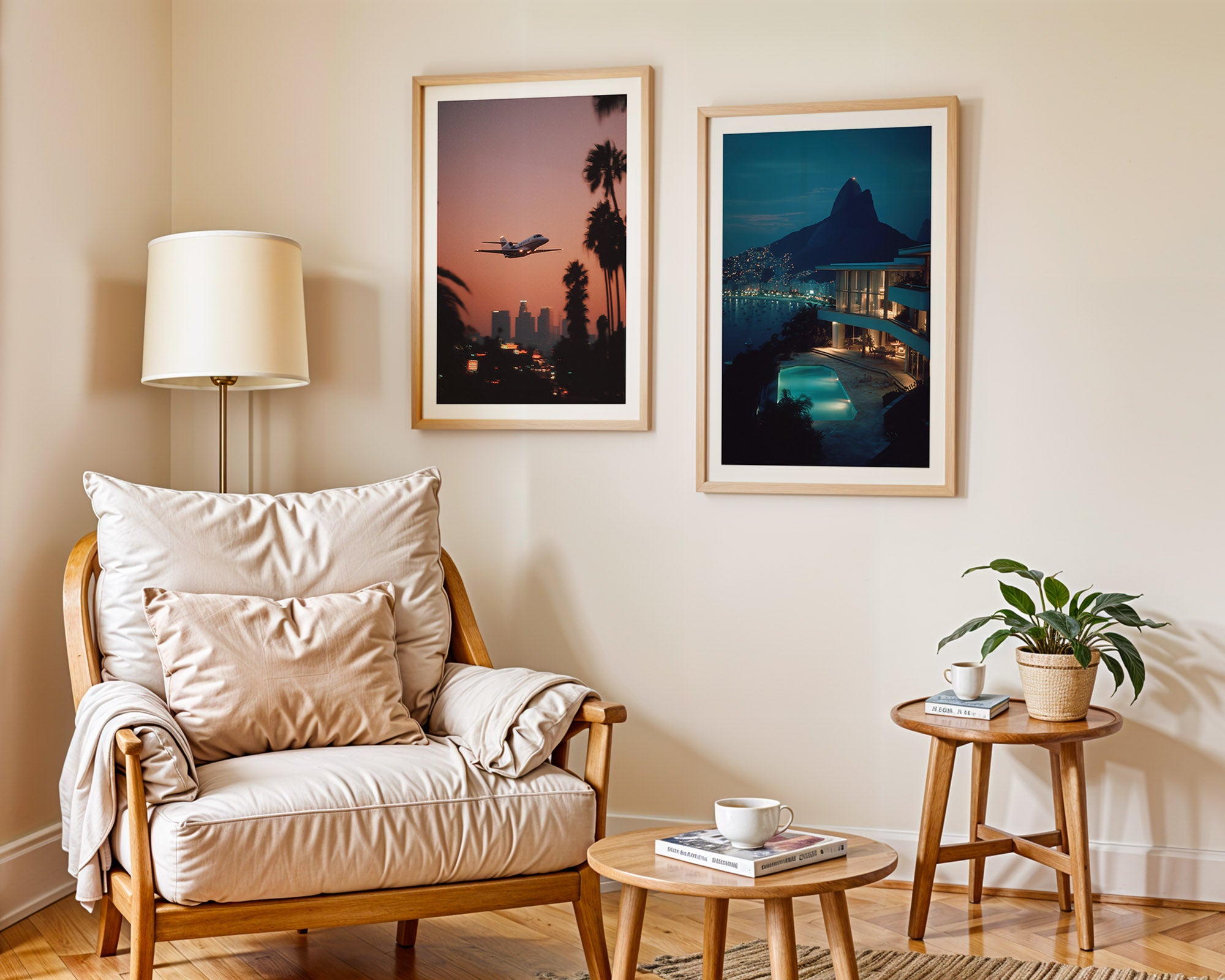 Living room with wooden armchair, side table, and wall art