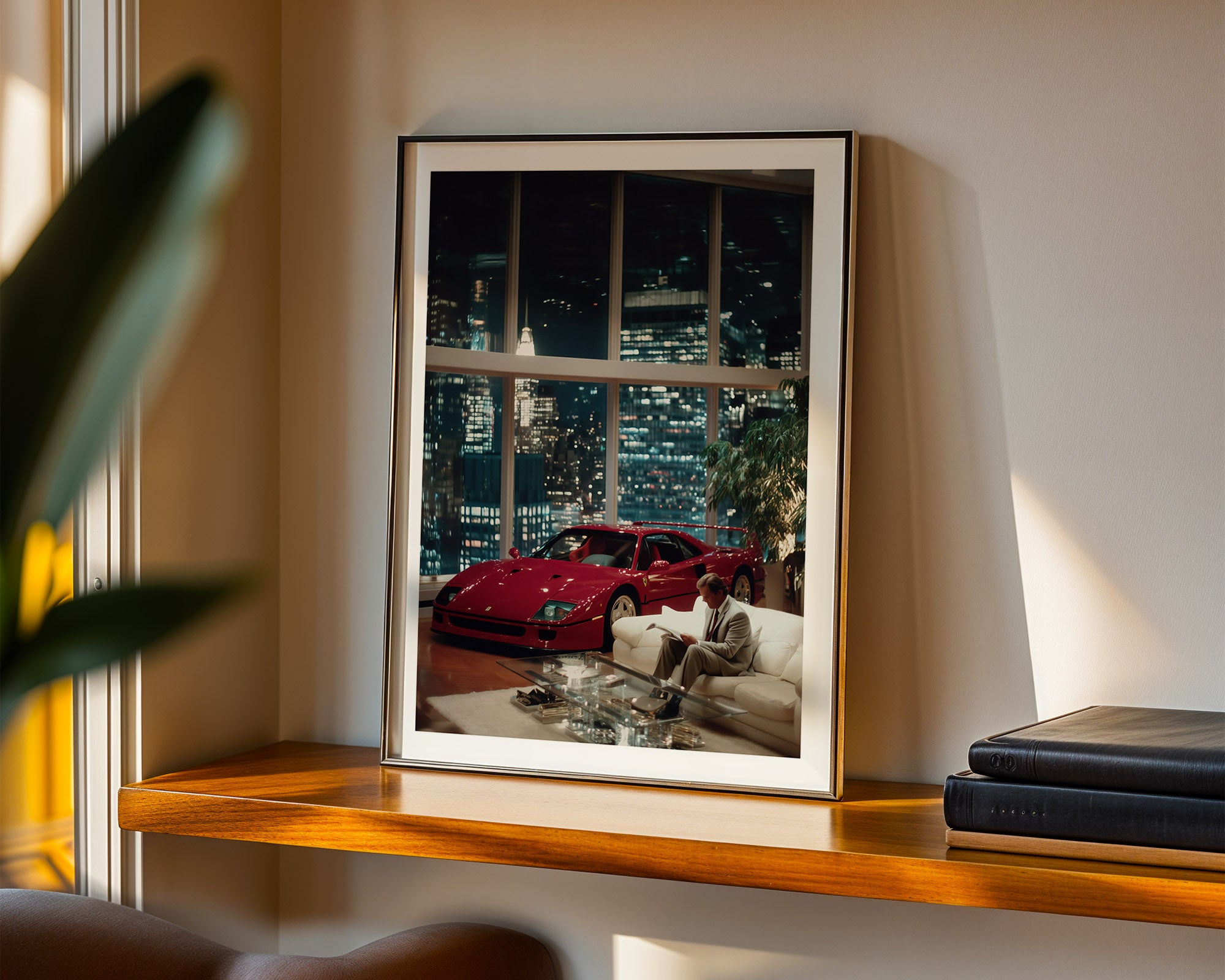 Framed photograph of a cityscape with a red Ferrari and people on a couch, displayed on a wooden shelf.