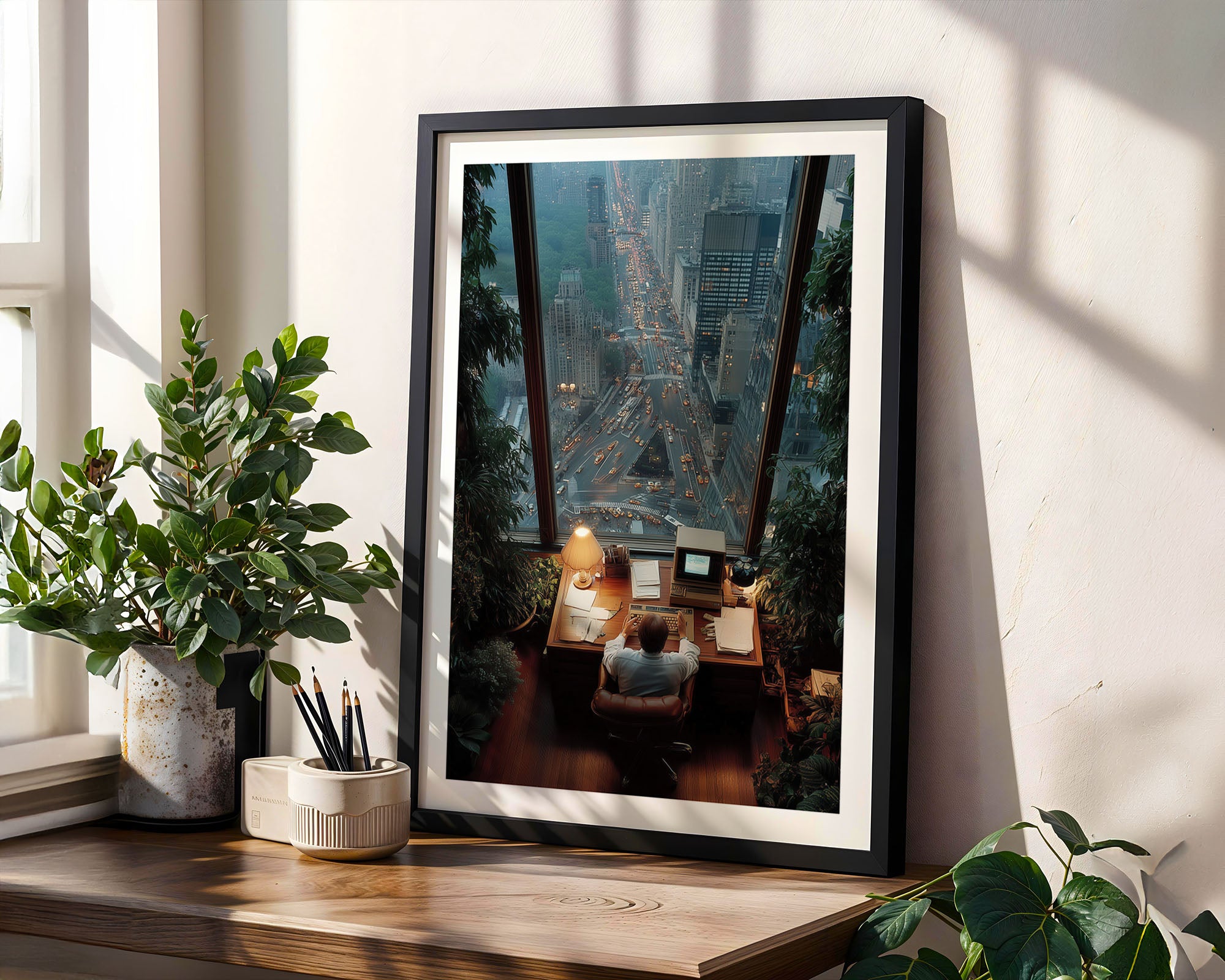 Framed artwork of a cityscape on a wall with plants and a window in the background