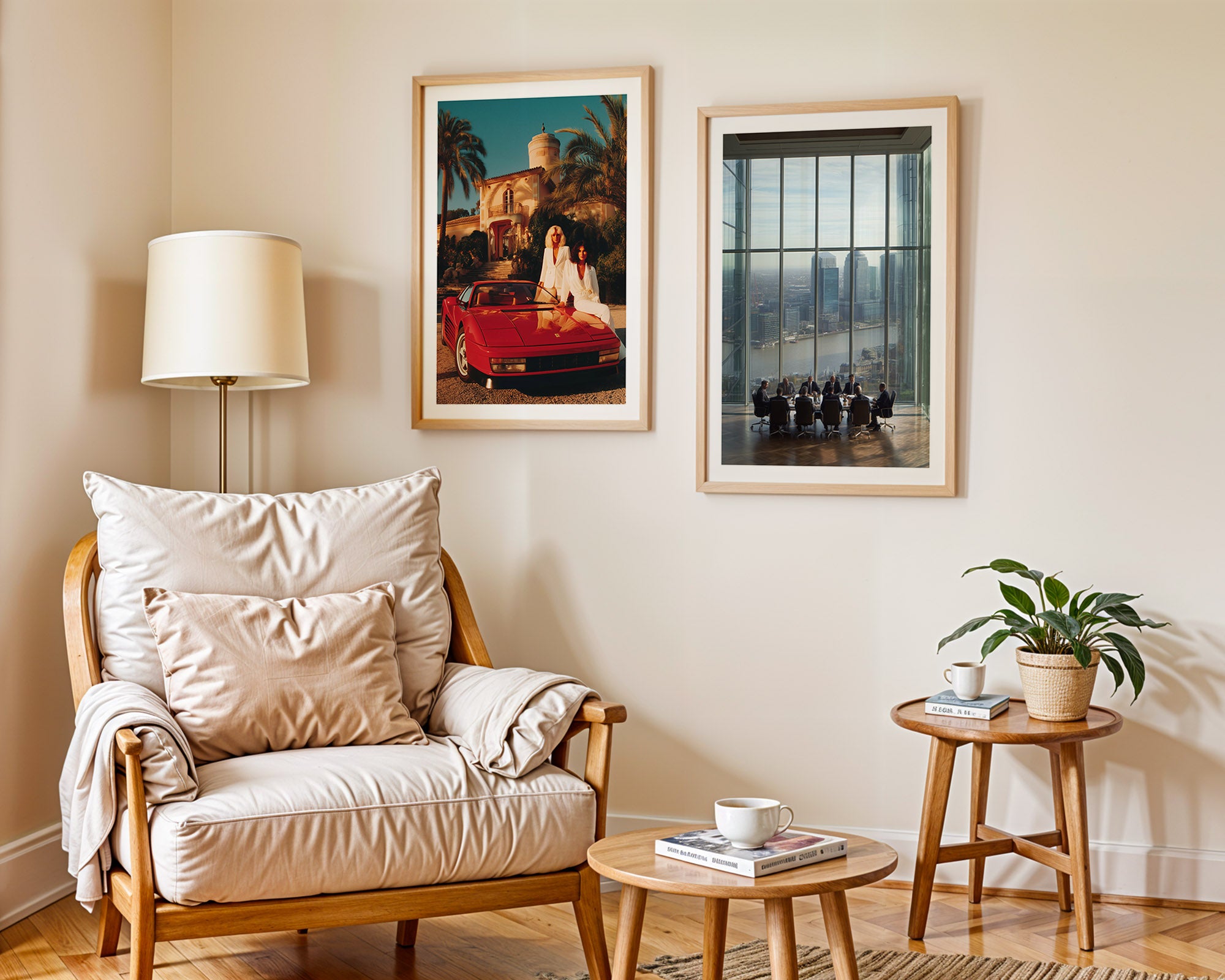 Living room with a wooden armchair, side table, and wall art.