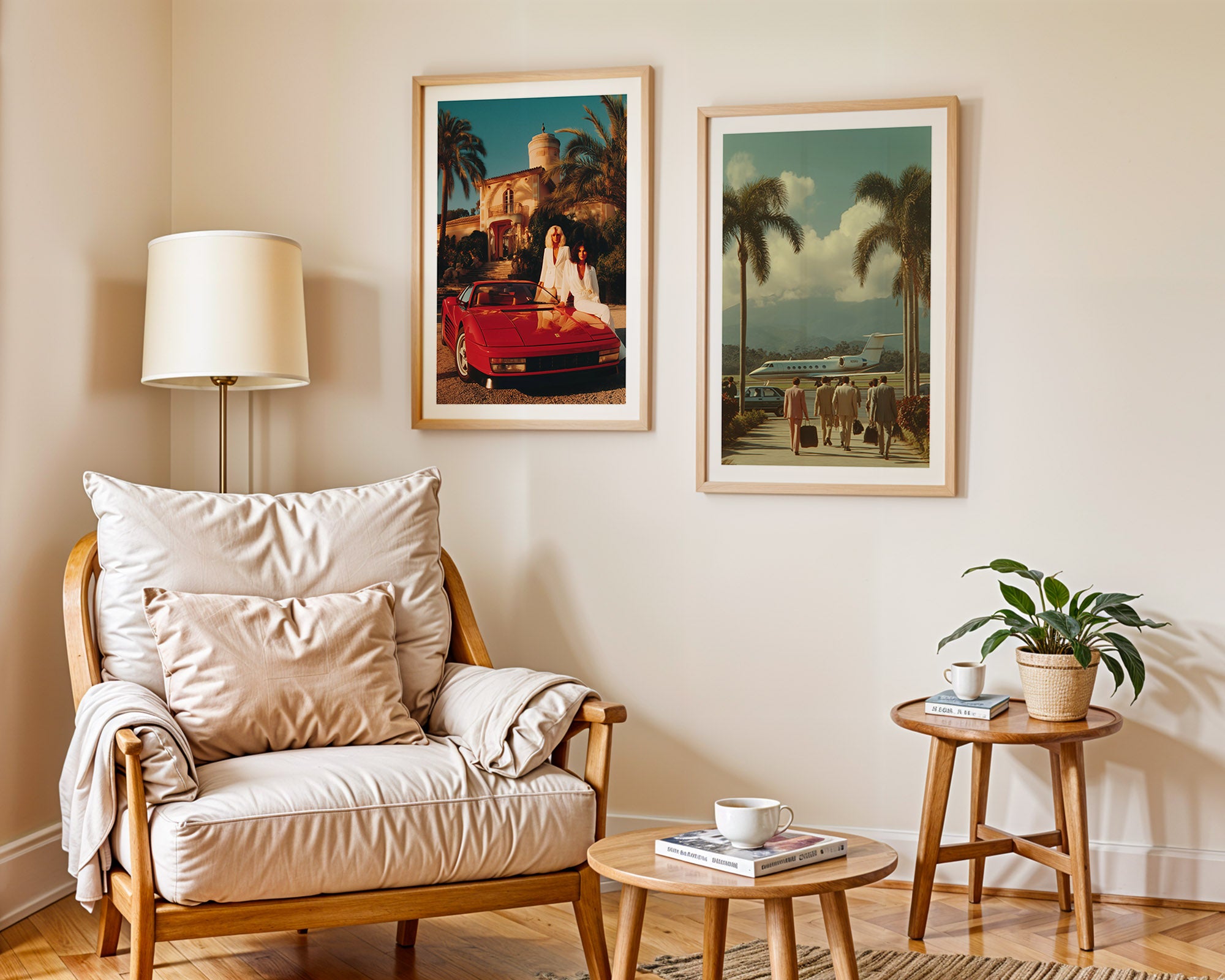 Living room with a beige armchair, wooden coffee table, and side table with a plant.