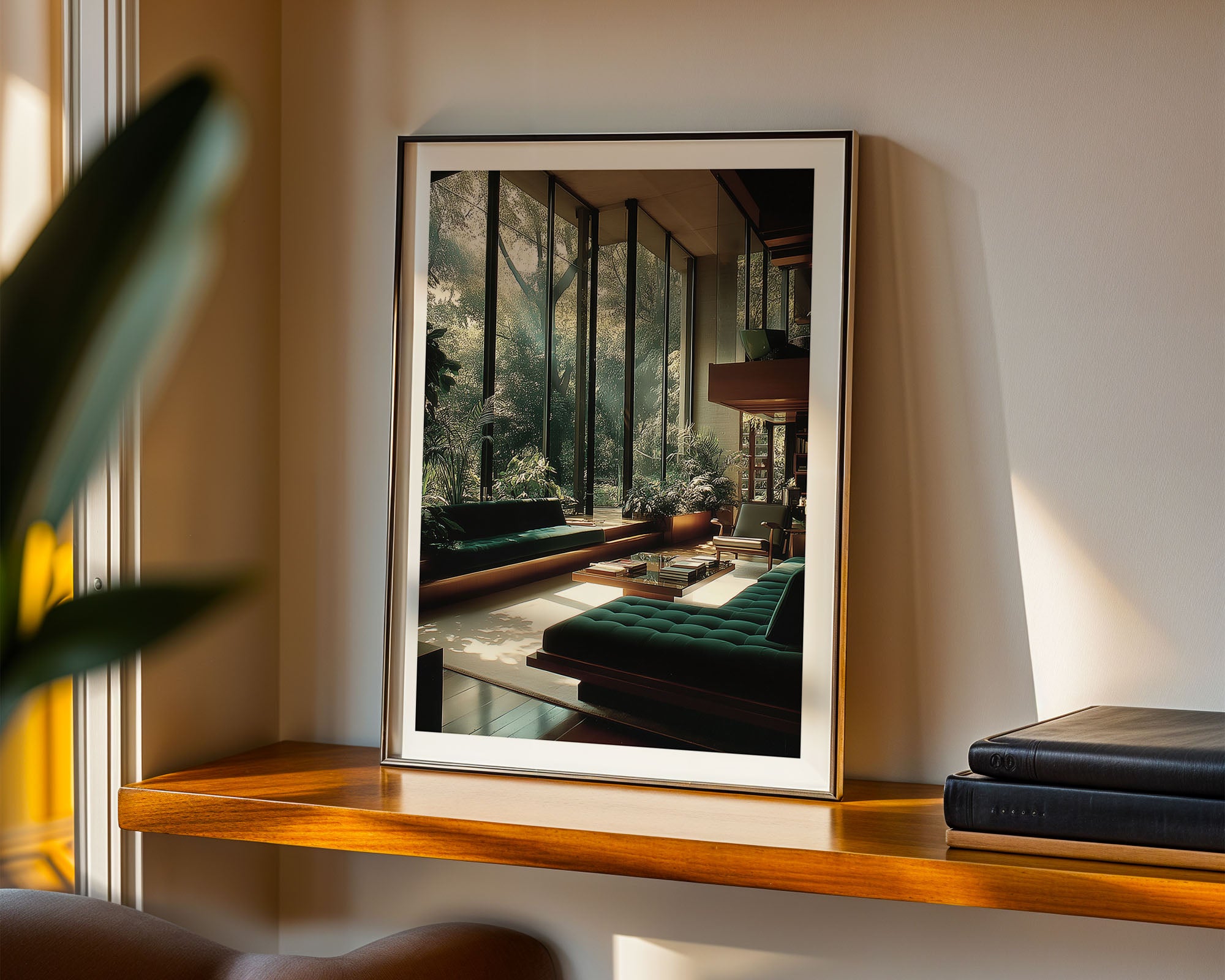Framed artwork of a modern interior scene on a wooden shelf.
