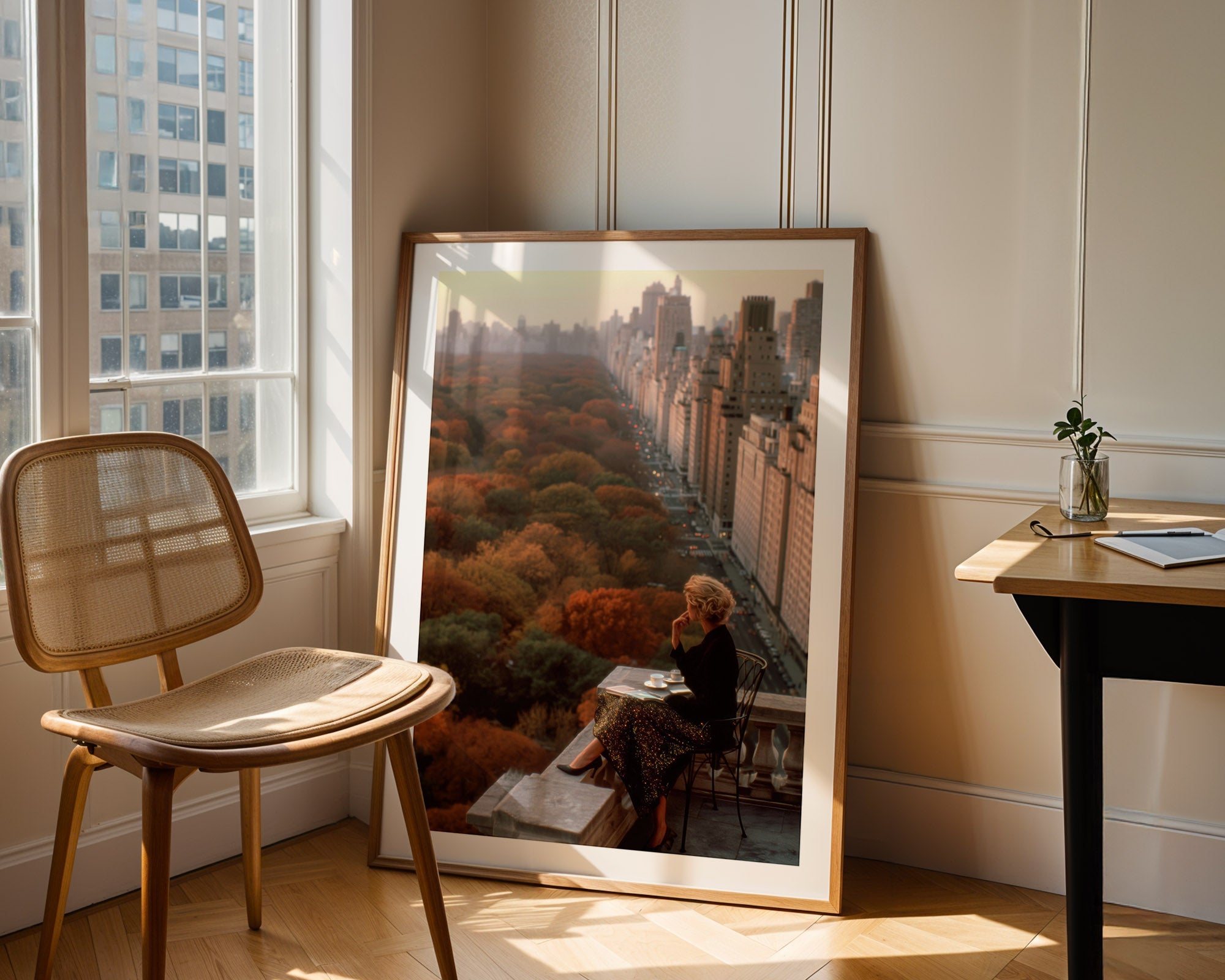 Framed artwork of a cityscape with a person sitting on a edge, placed in a room with a chair and table.