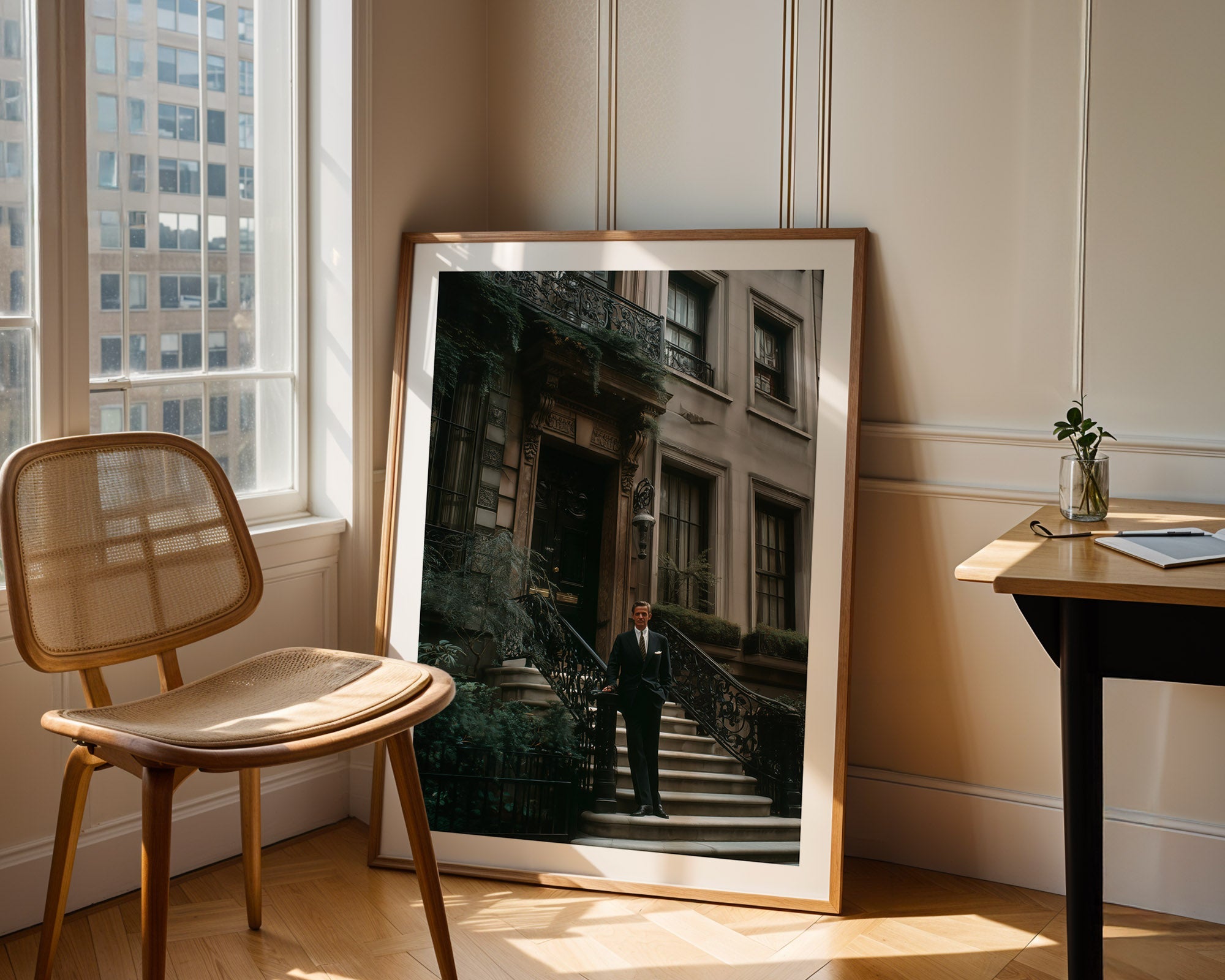 Framed photograph of a man on steps in an urban setting, leaning against a wall in a room with a chair and table.