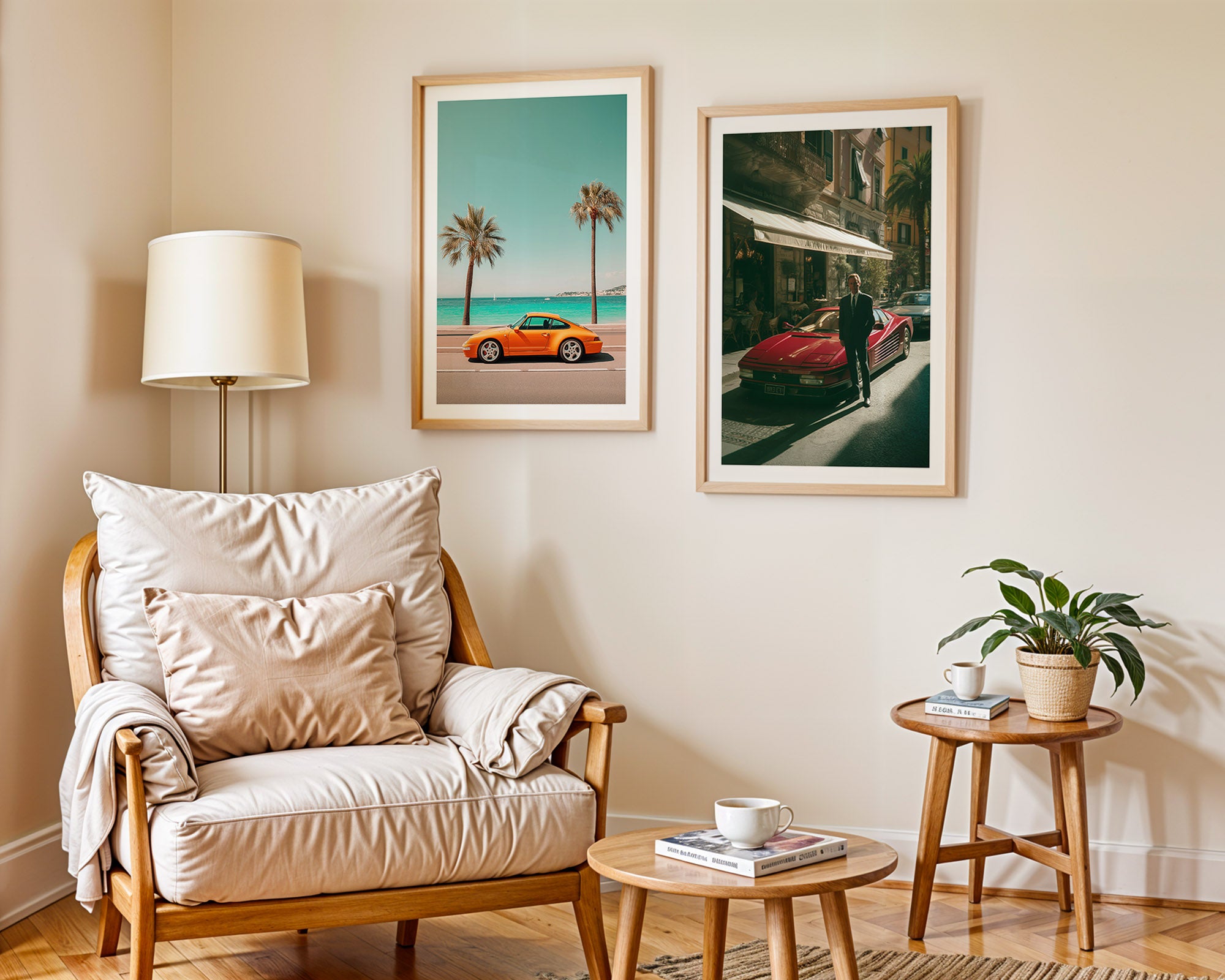 Living room with a wooden armchair, side table, and wall art depicting cars and palm trees.