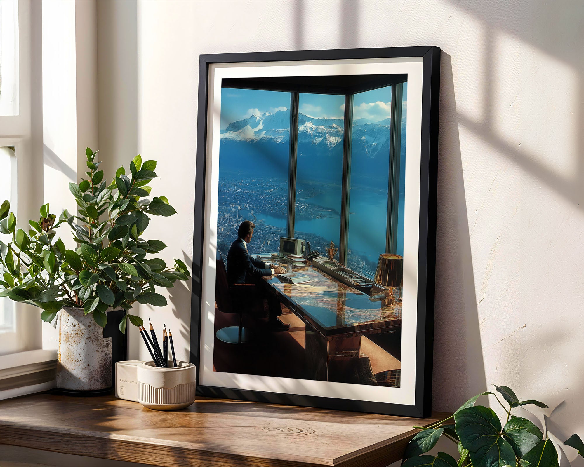 Framed artwork of a Swiss banker sitting at a desk with a scenic view, placed on a wooden surface with plants.