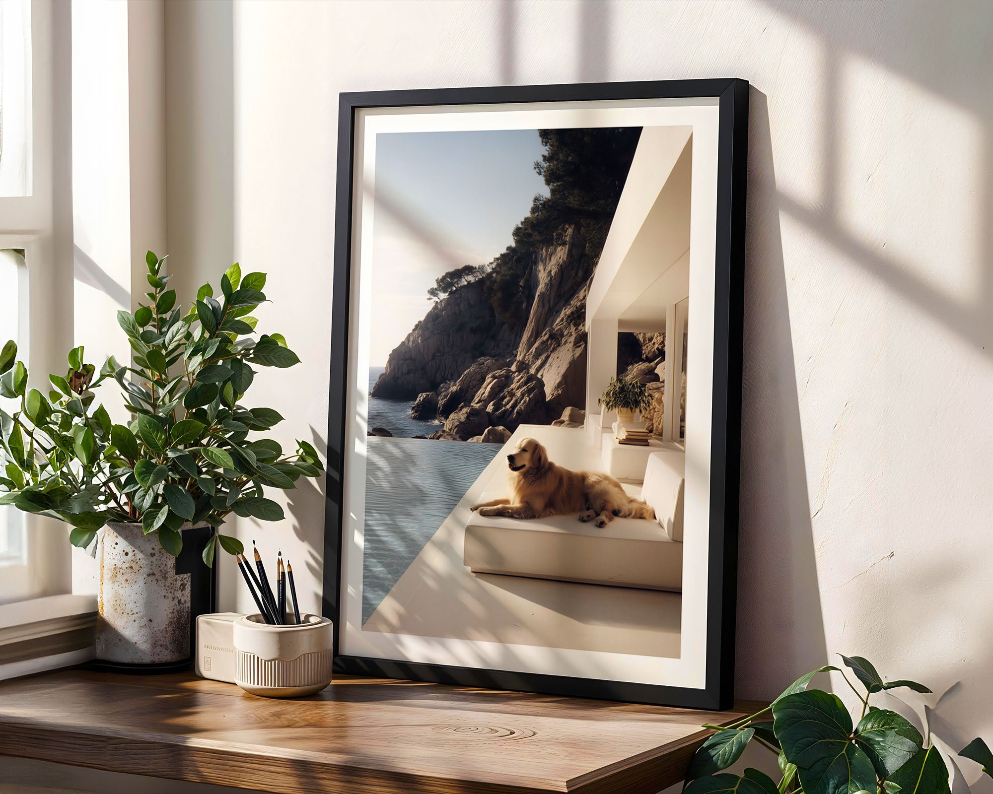 Framed artwork of a dog on a beach with indoor plants and decor.