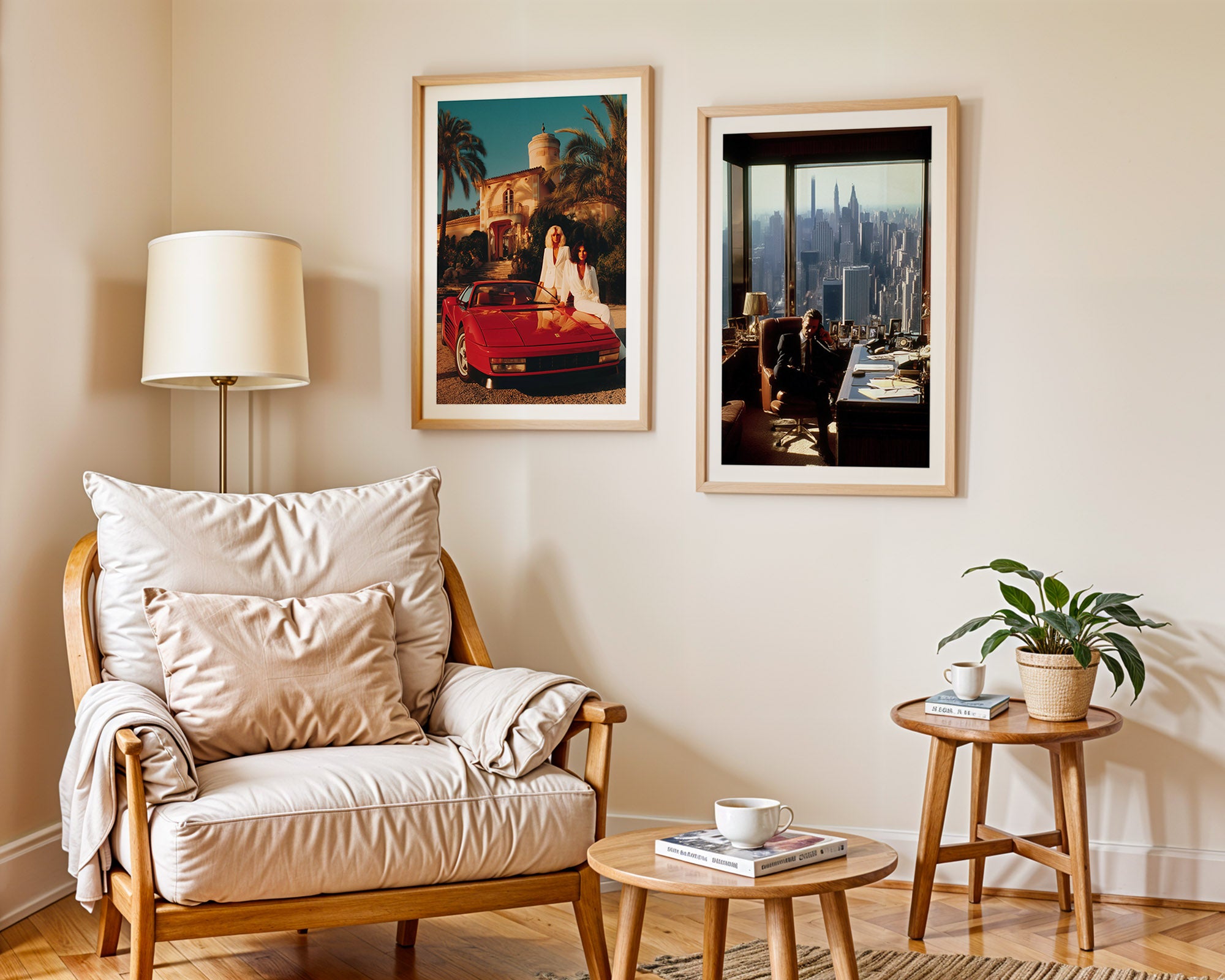 Living room with a beige armchair, wooden coffee table, and framed pictures on the wall.