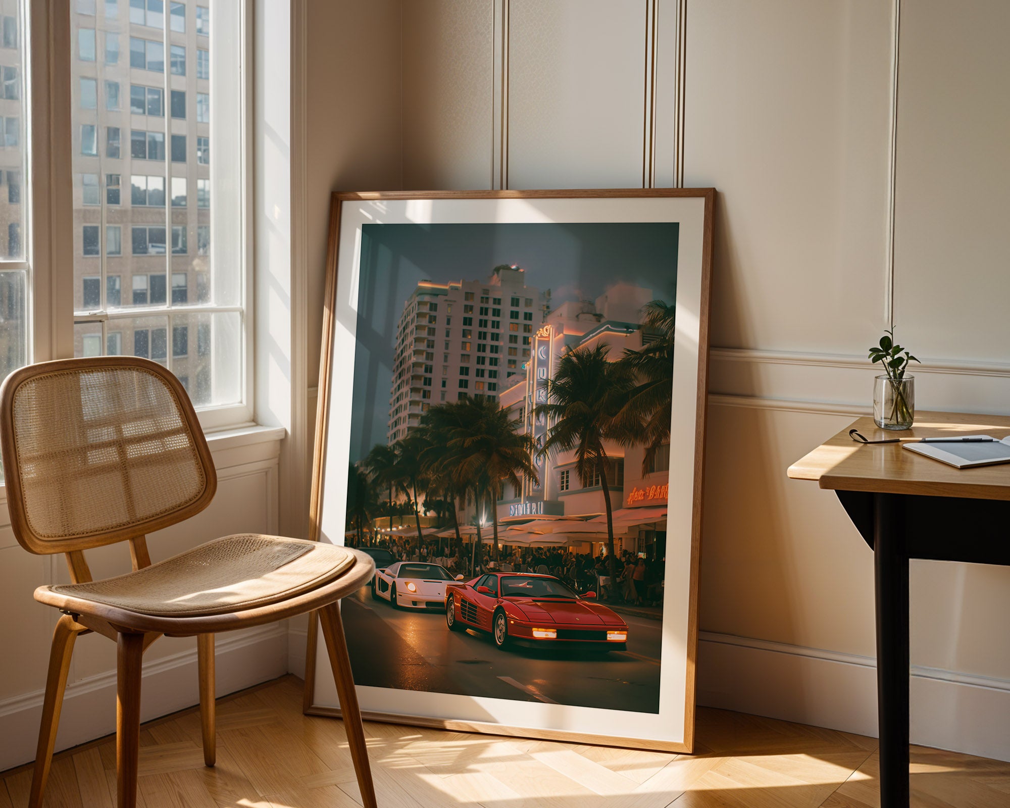 Framed artwork of a city street scene in Miami with palm trees and a red car, placed on a wooden floor next to a chair and table.