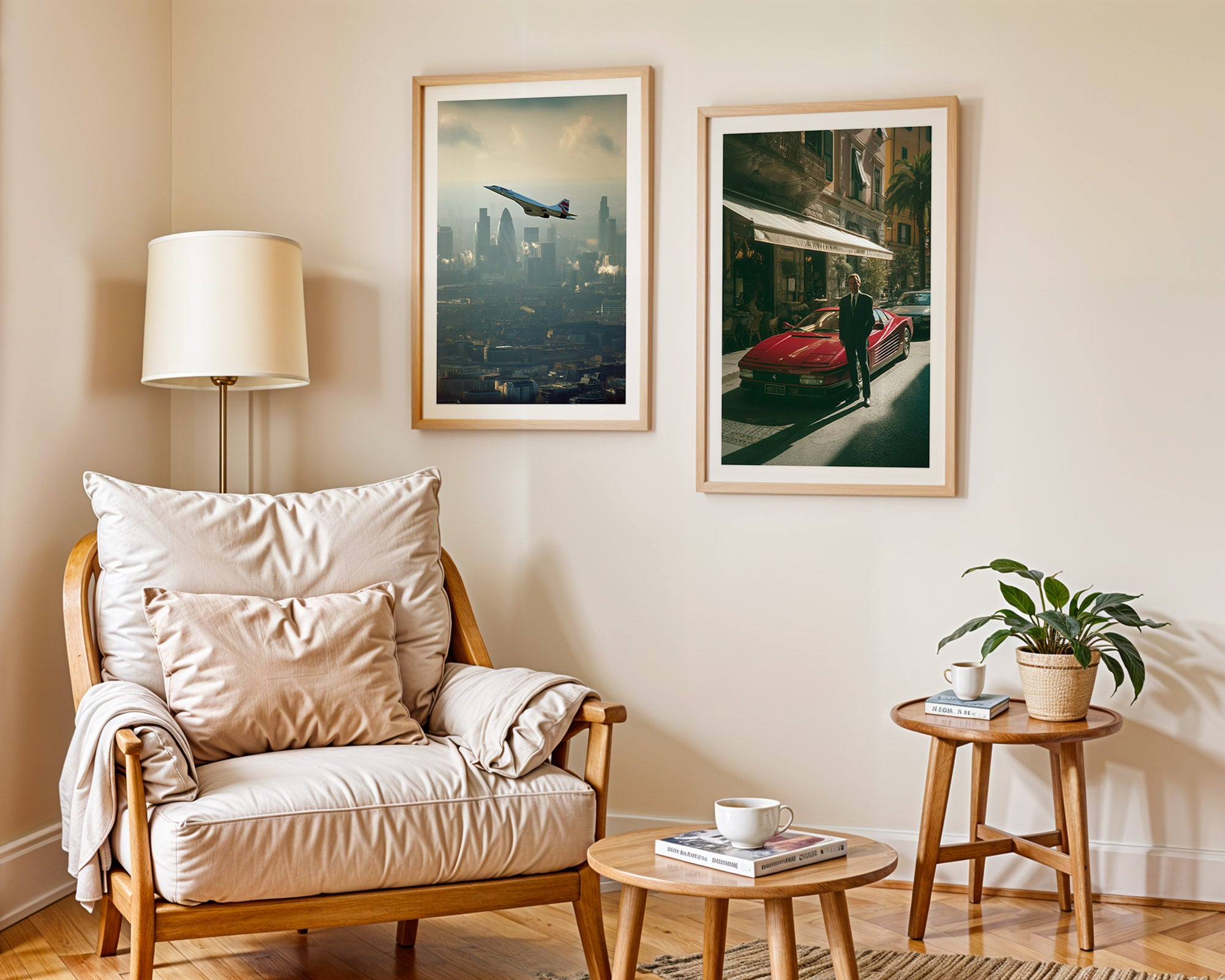 Living room with wooden armchair, side table, and wall art