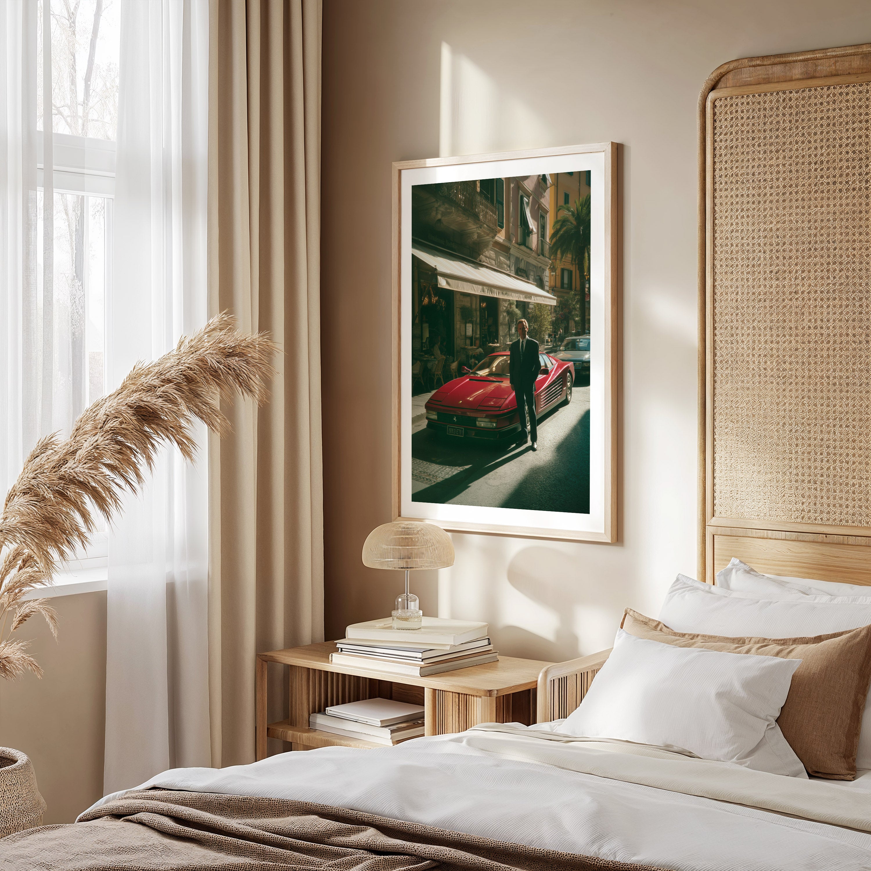 Neatly made bed in a bedroom with a framed picture on the wall, nightstand, and decorative elements.
