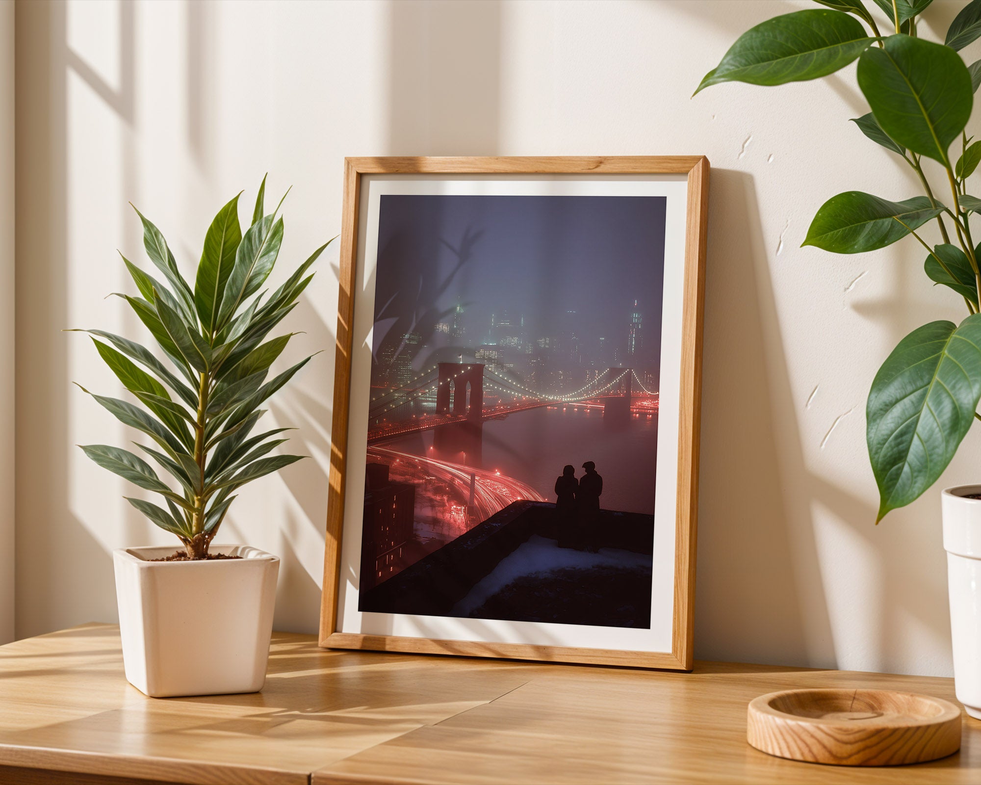 Framed artwork of a cityscape with a couple overlooking Brooklyn Bridge, placed on a wooden surface with plants.
