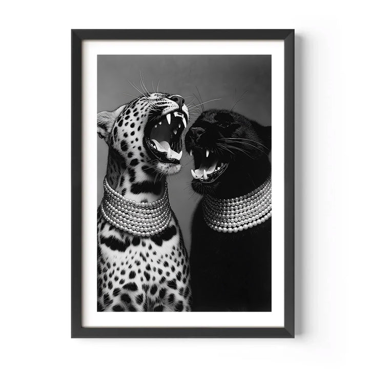 Framed black and white artwork of two leopards wearing pearl necklaces on a white background.