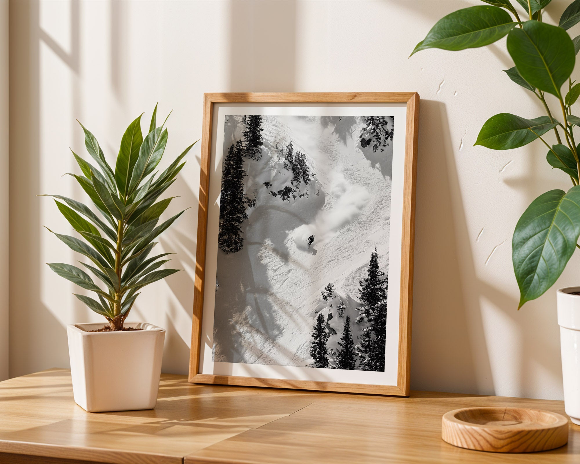 Framed black and white nature print on a wooden table with plants
