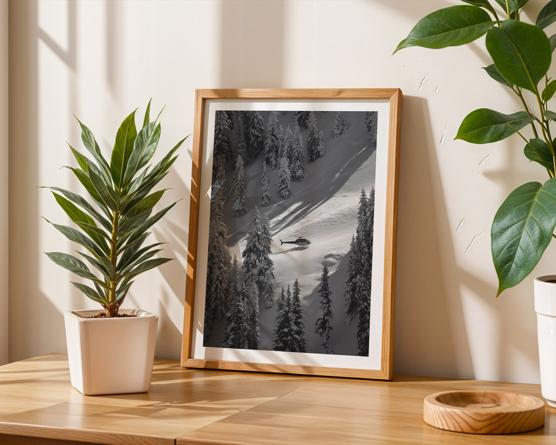 Framed black and white nature print on a wooden table with plants