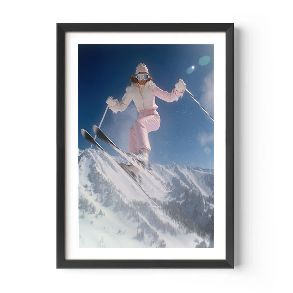 Framed photo of a skier in a snowy mountain landscape