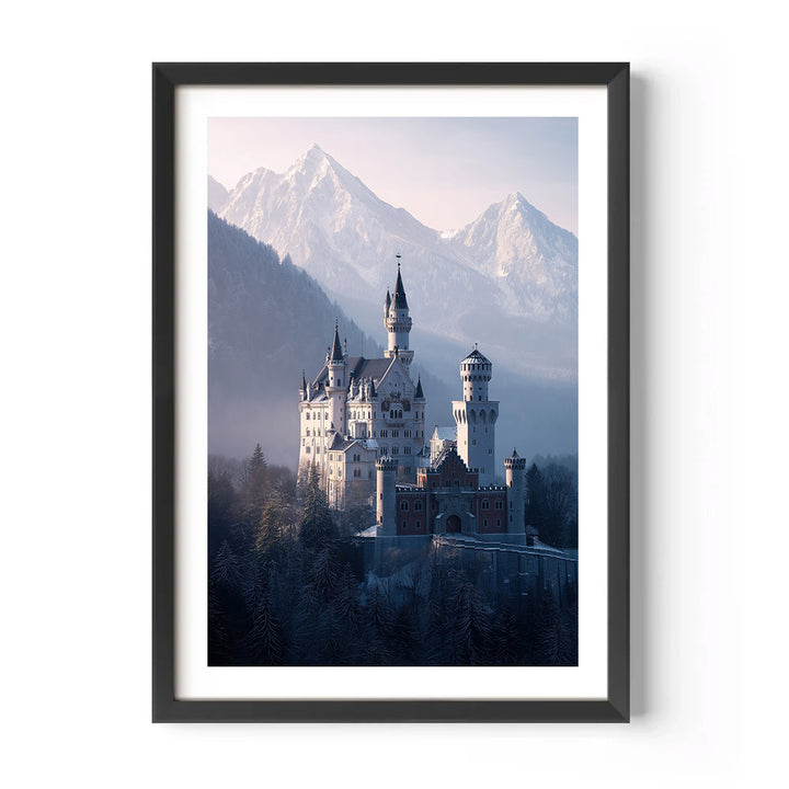 Framed photograph of a castle with snow-capped mountains in the background