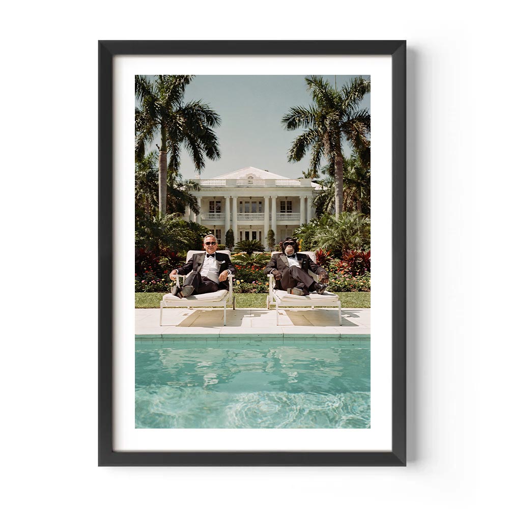 Framed photo of a man and monkey in tuxedo by a pool with a large house and palm trees in the background.