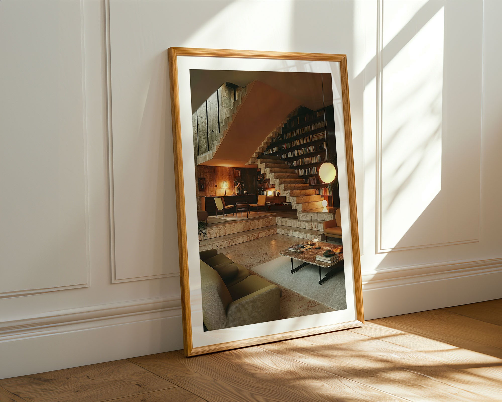 Framed mirror reflecting a room with a staircase and books.