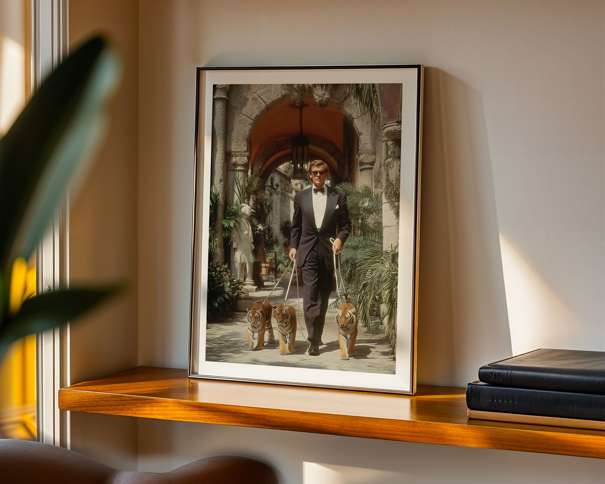 Framed portrait of a man with dogs on a shelf in a room with sunlight streaming in.