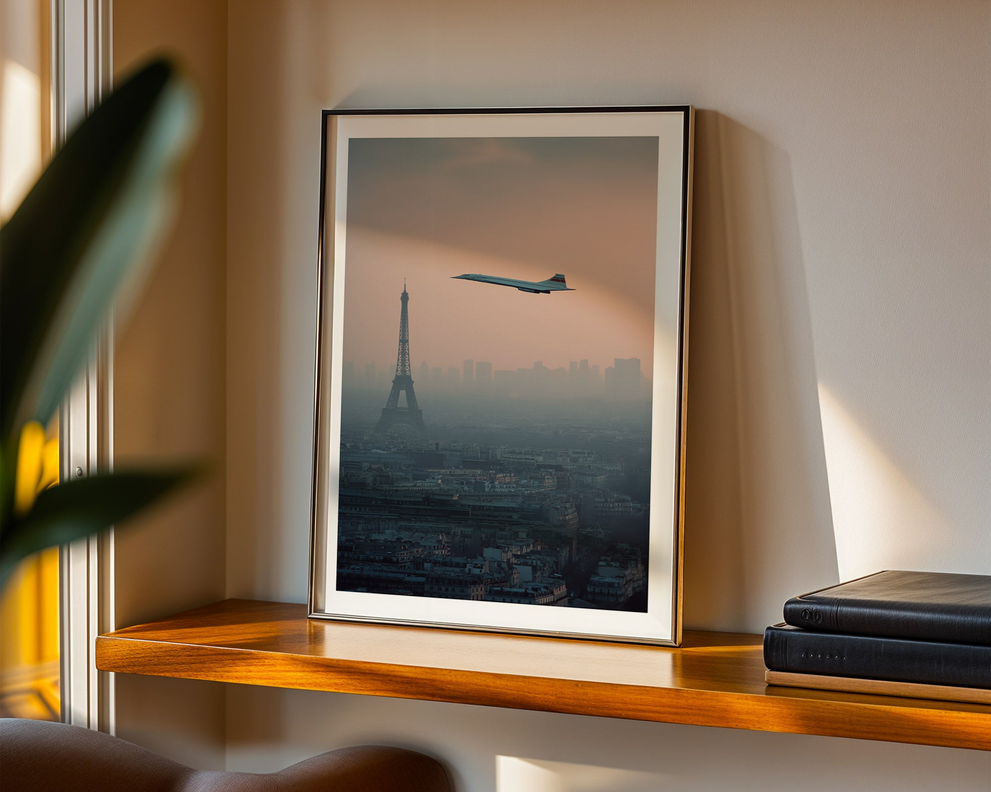 Framed artwork of an Concorde flying over Paris on a wooden shelf.