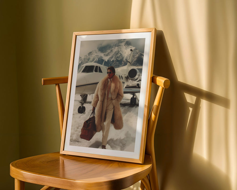Framed photograph of a person in a luxury fur coat standing next to an private airplane in Gstaad on a wooden chair.
