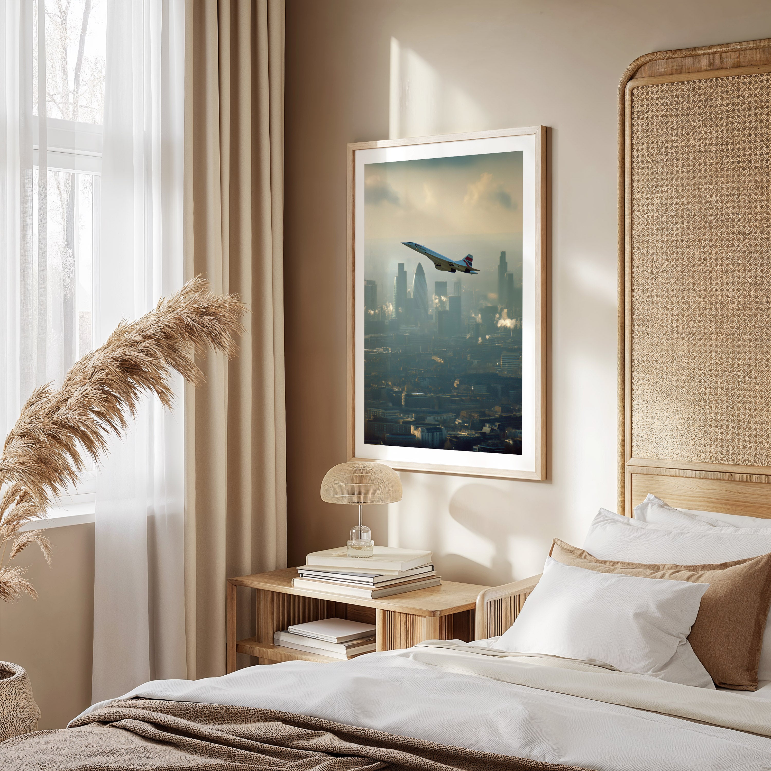 Modern bedroom with framed artwork on the wall, bed with pillows, and side table.