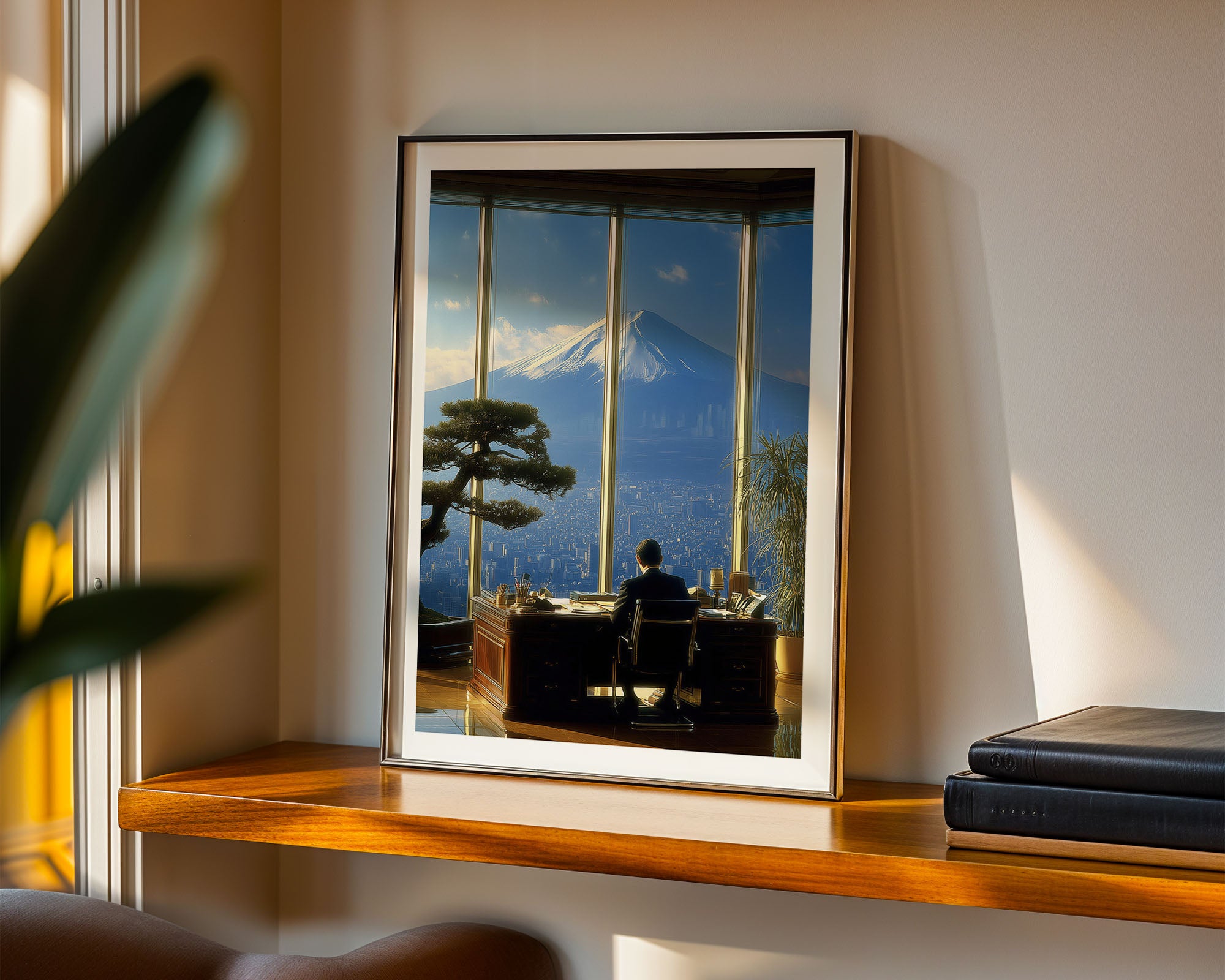 Framed artwork of a person at a desk with a mountain view, placed on a shelf.