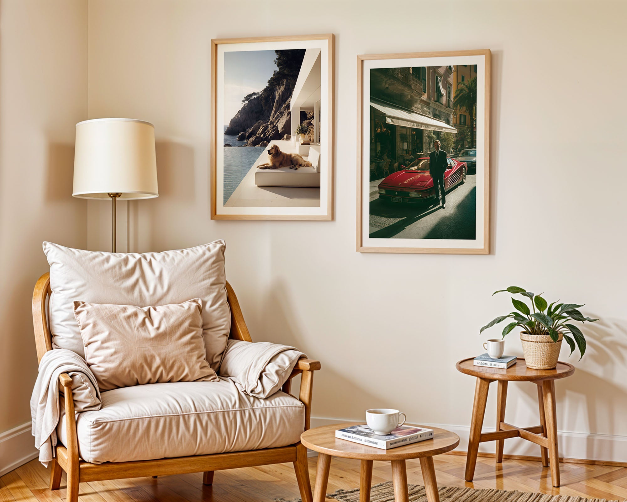 Living room with wooden armchair, side table, and wall art