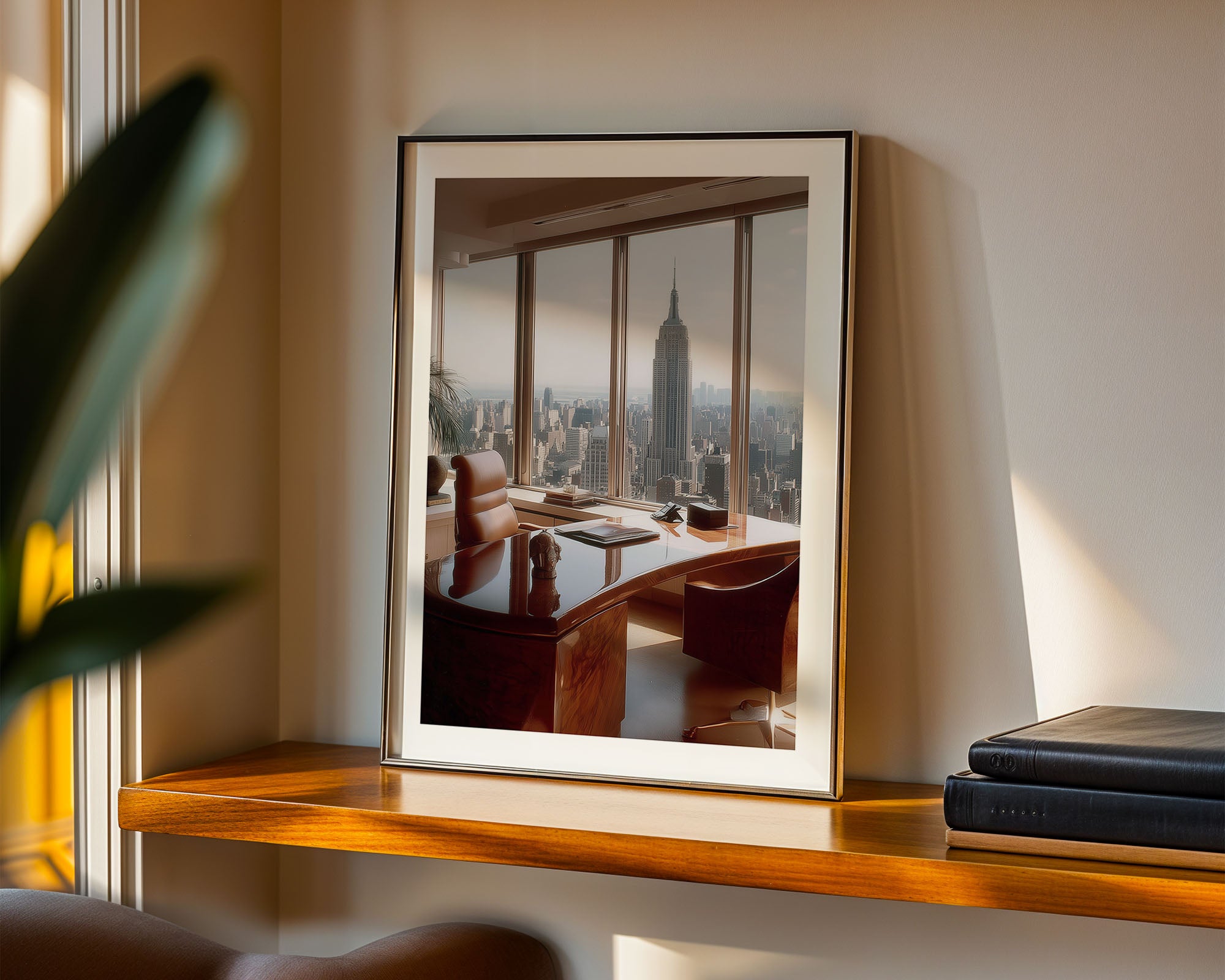 Framed artwork of a cityscape on a wooden shelf with books and a plant.