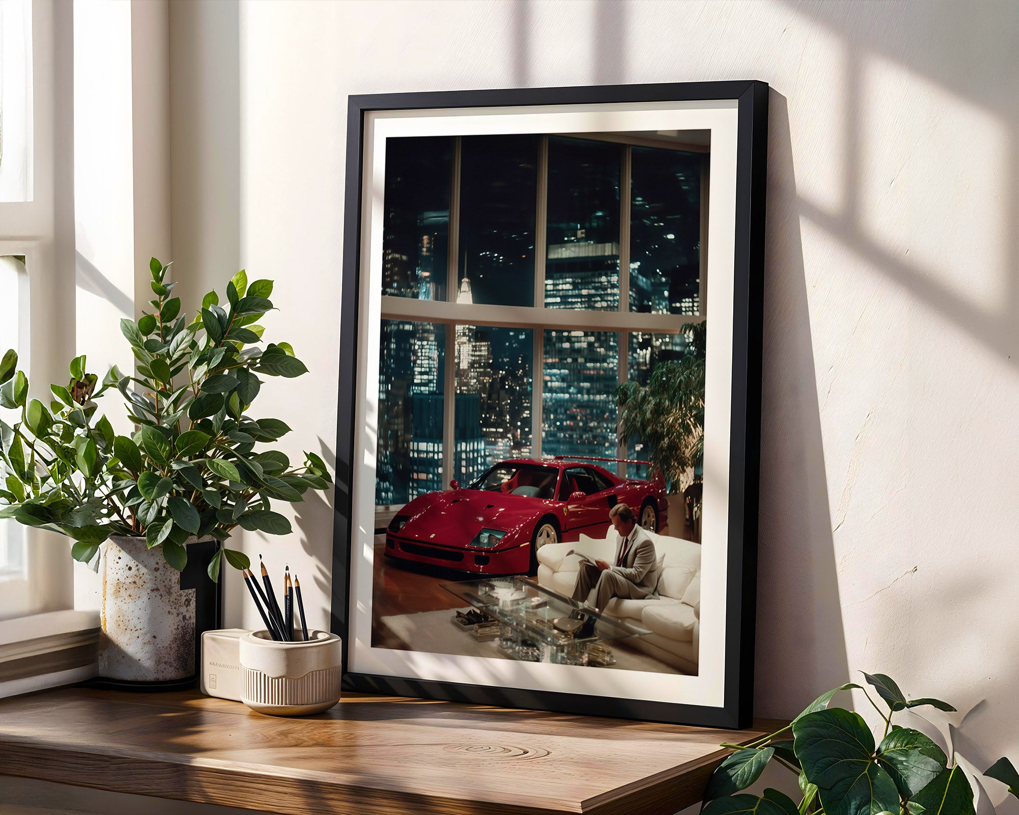 Framed artwork of a red Ferrari car in an urban setting on a wooden shelf with plants.