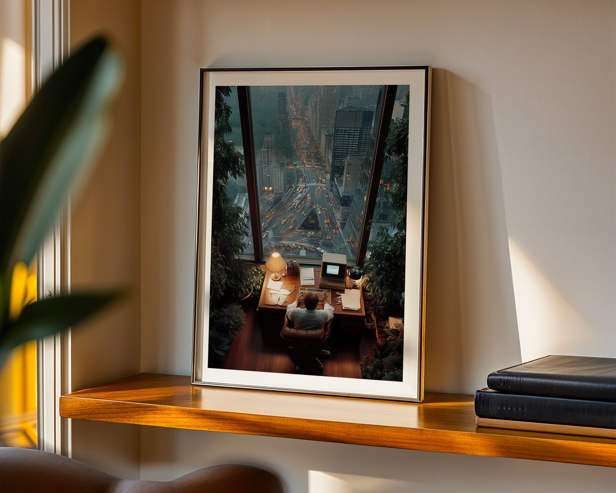 Framed artwork of a cityscape with people at a table on a wooden shelf.