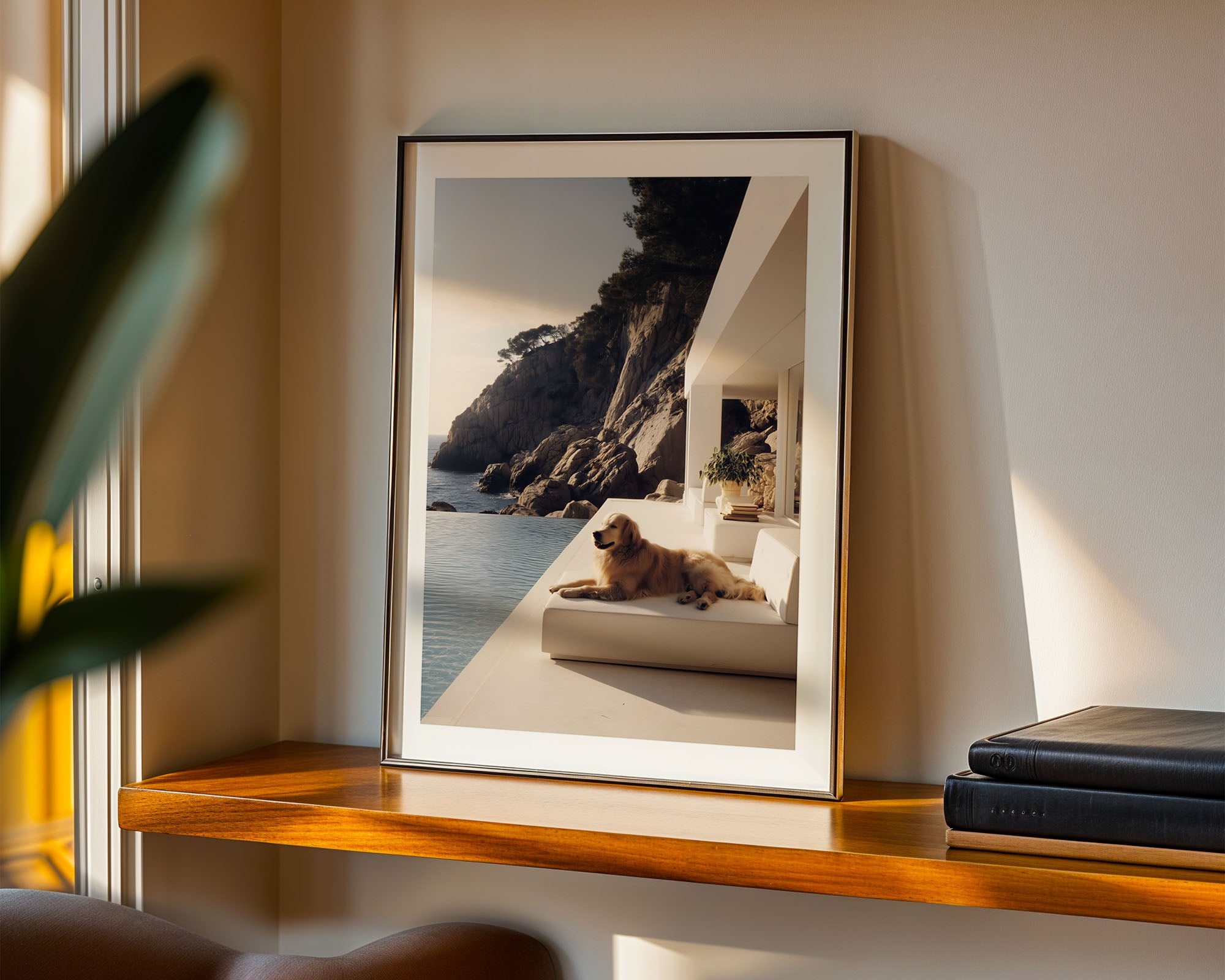 Framed photograph of a dog on a beach in a home setting