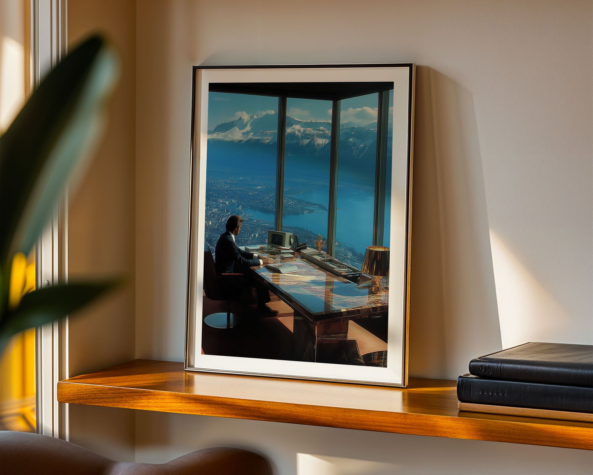 Framed artwork of a Swiss banker at a desk with a cityscape view on a shelf.