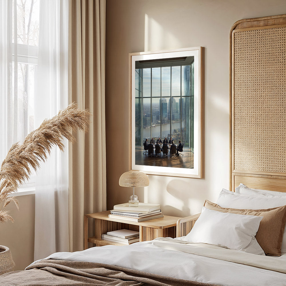 Neatly made bed with white bedding and brown throw, nightstand with books and lamp, framed picture on wall.