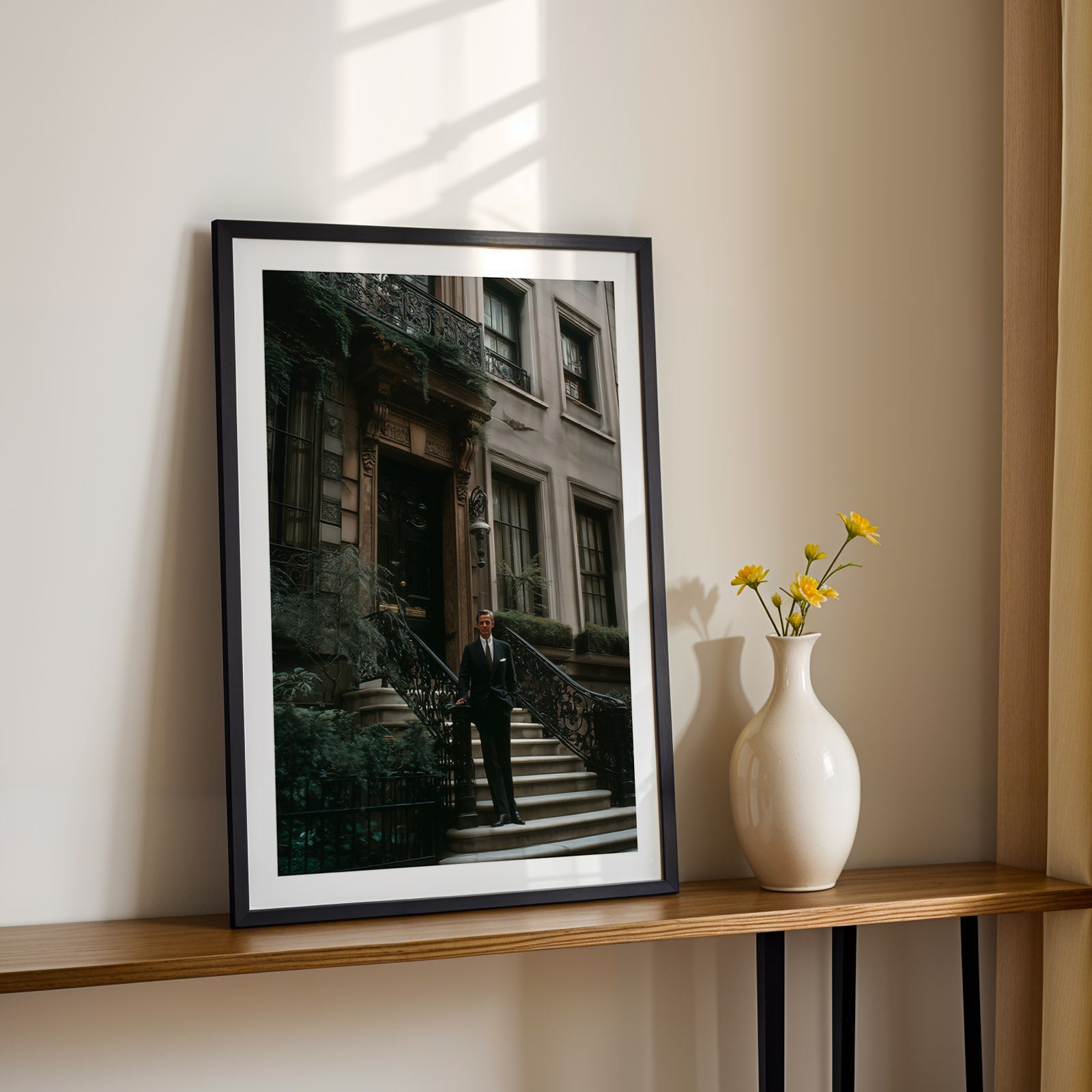 Framed photograph of a person in New York on steps next to a vase with flowers on a shelf.