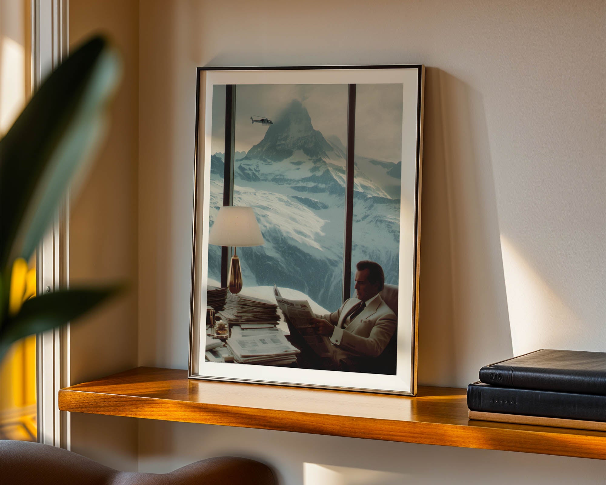 Framed artwork of a man reading a newspaper with mountains in the background, displayed on a wooden shelf.