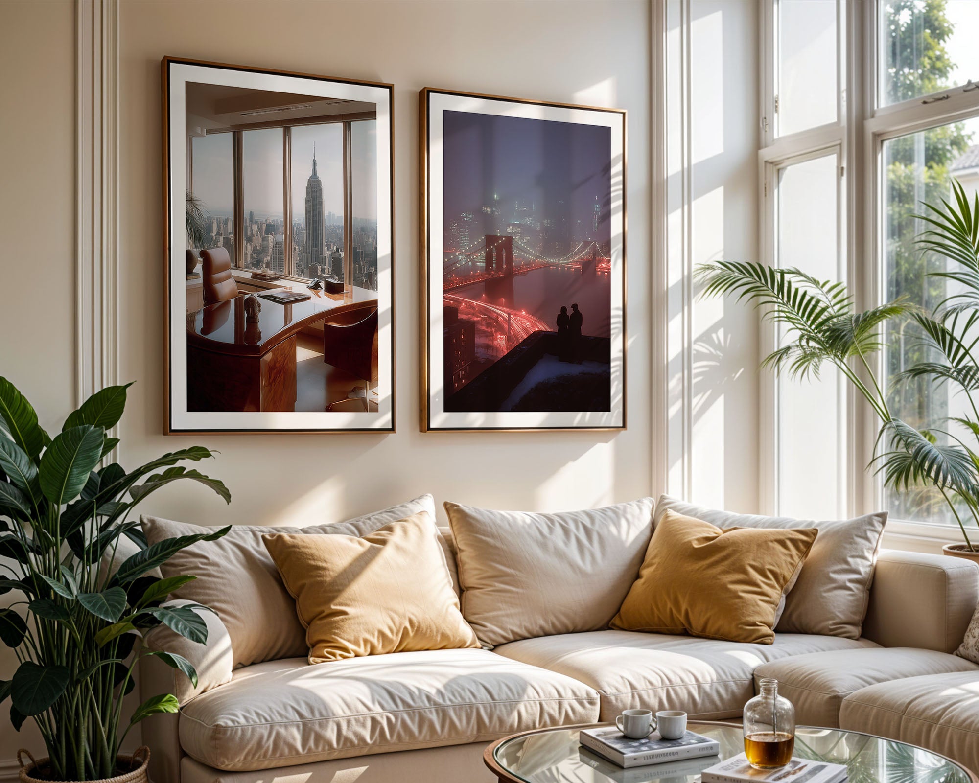 Living room with a beige sofa, decorative pillows, and framed cityscape art of New York on the wall.