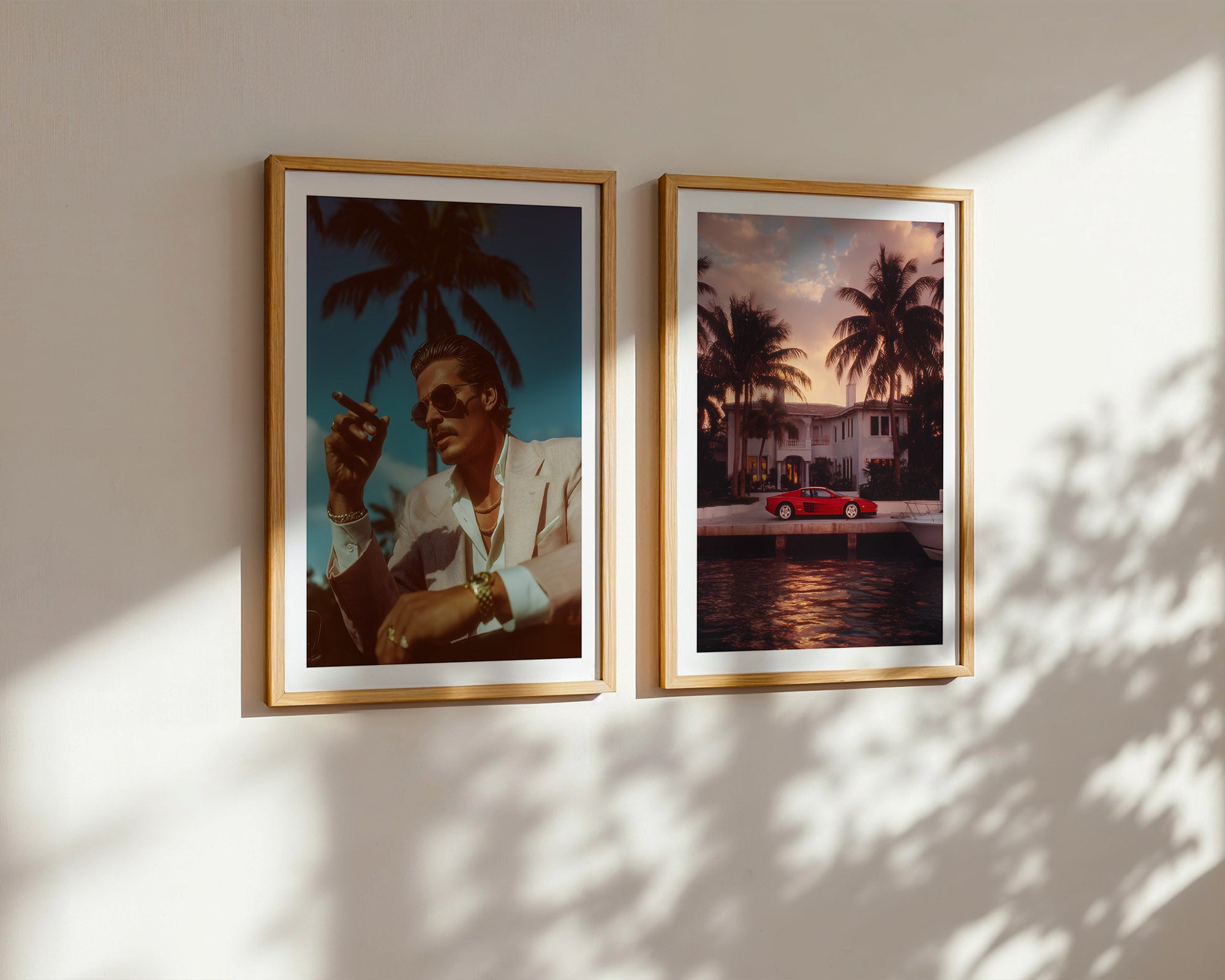 Two framed artworks on a wall with palm trees and a red car.