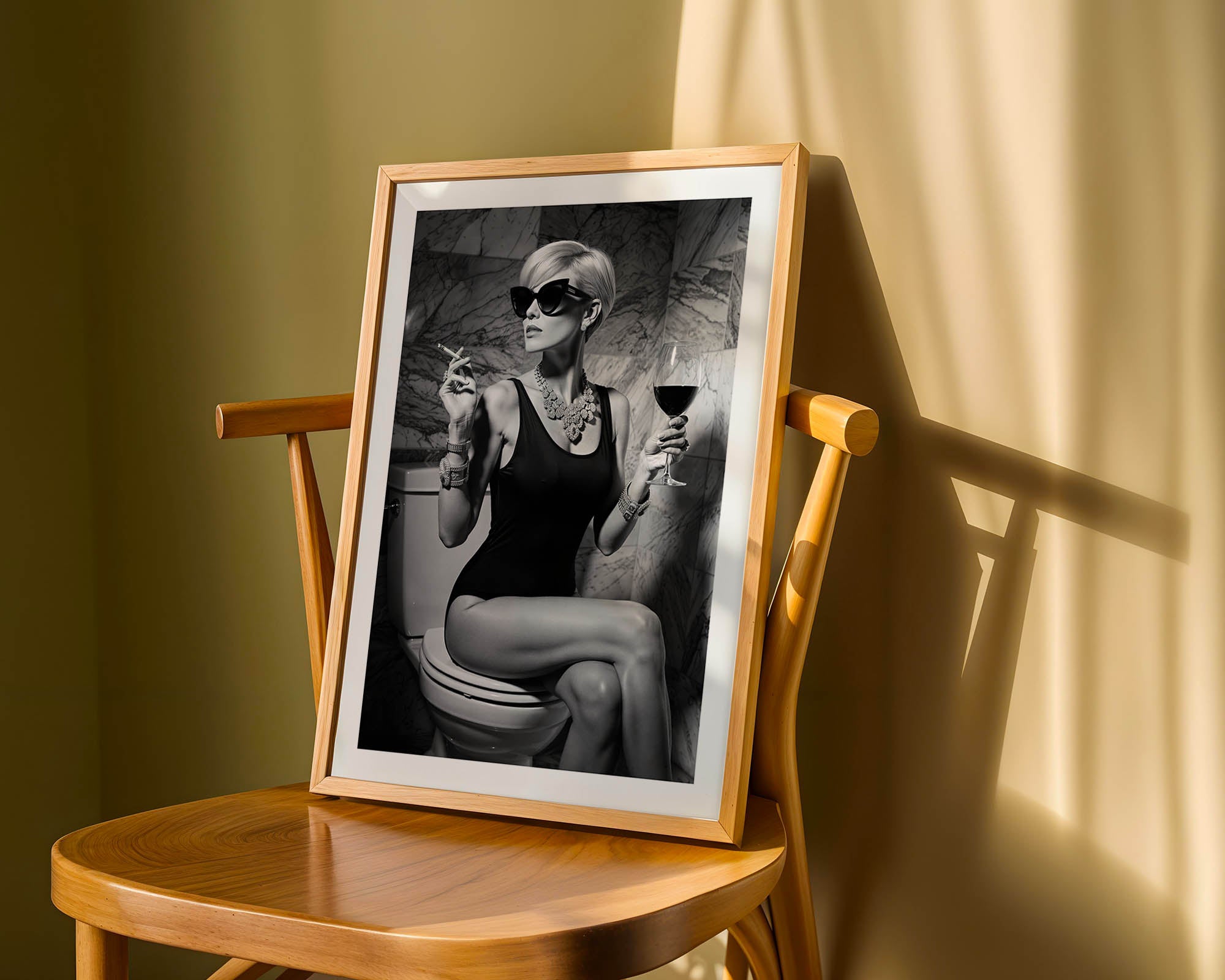 Framed artwork of a woman sitting on a toilet with a glass of wine on a wooden chair.