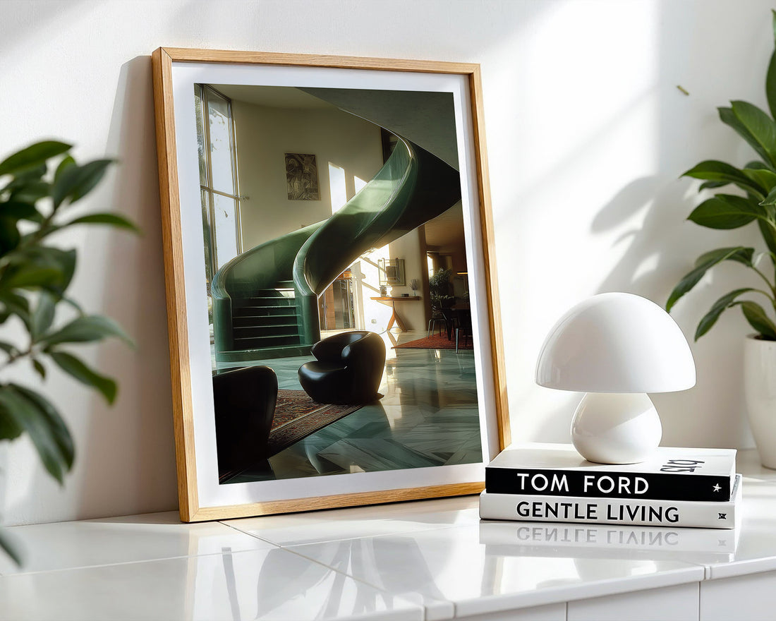 Framed mirror on a white surface with a book titled 'Tom Ford Gentle Living' and a white lamp.