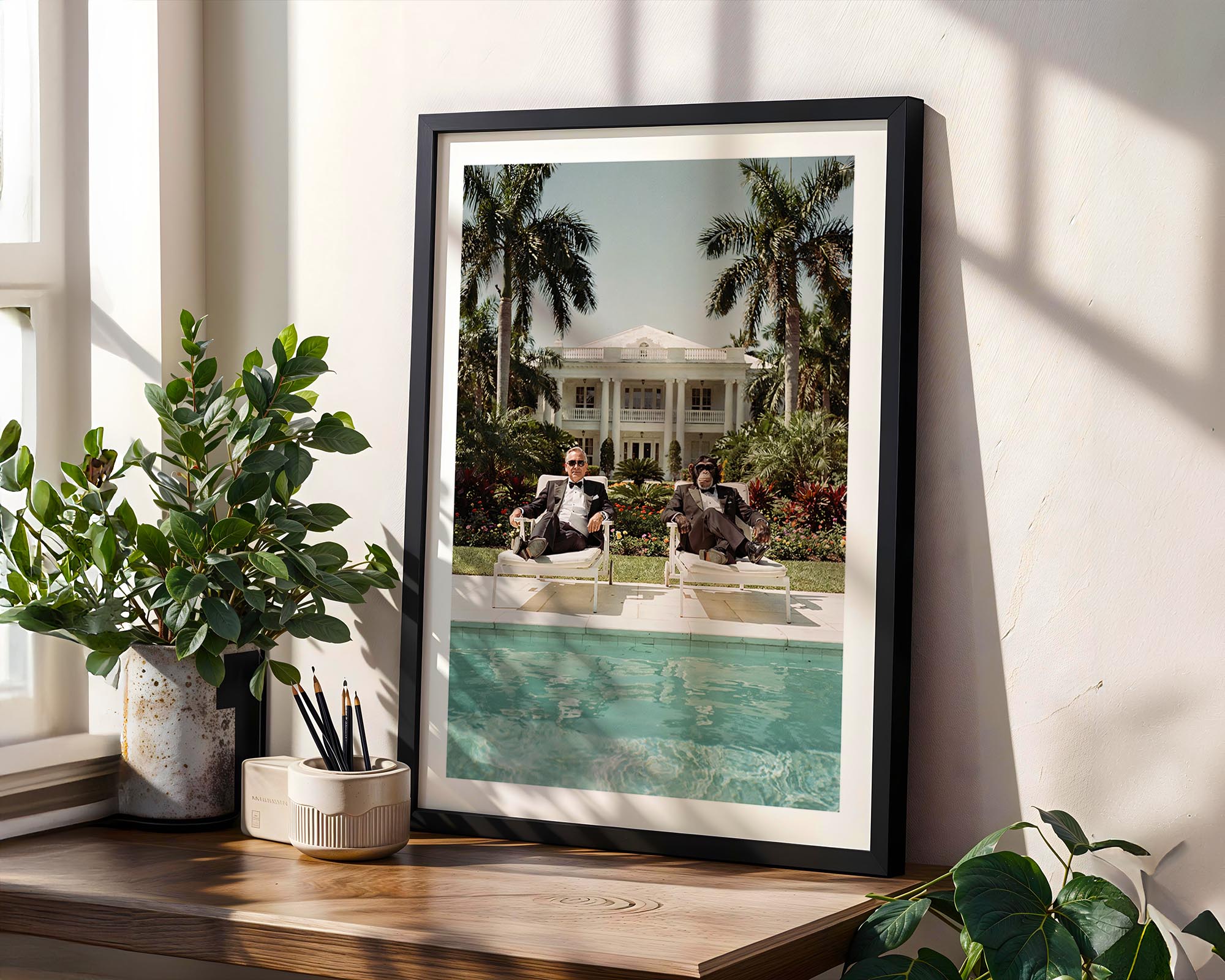 Framed photograph of a pool scene with people on a wooden shelf, surrounded by plants.