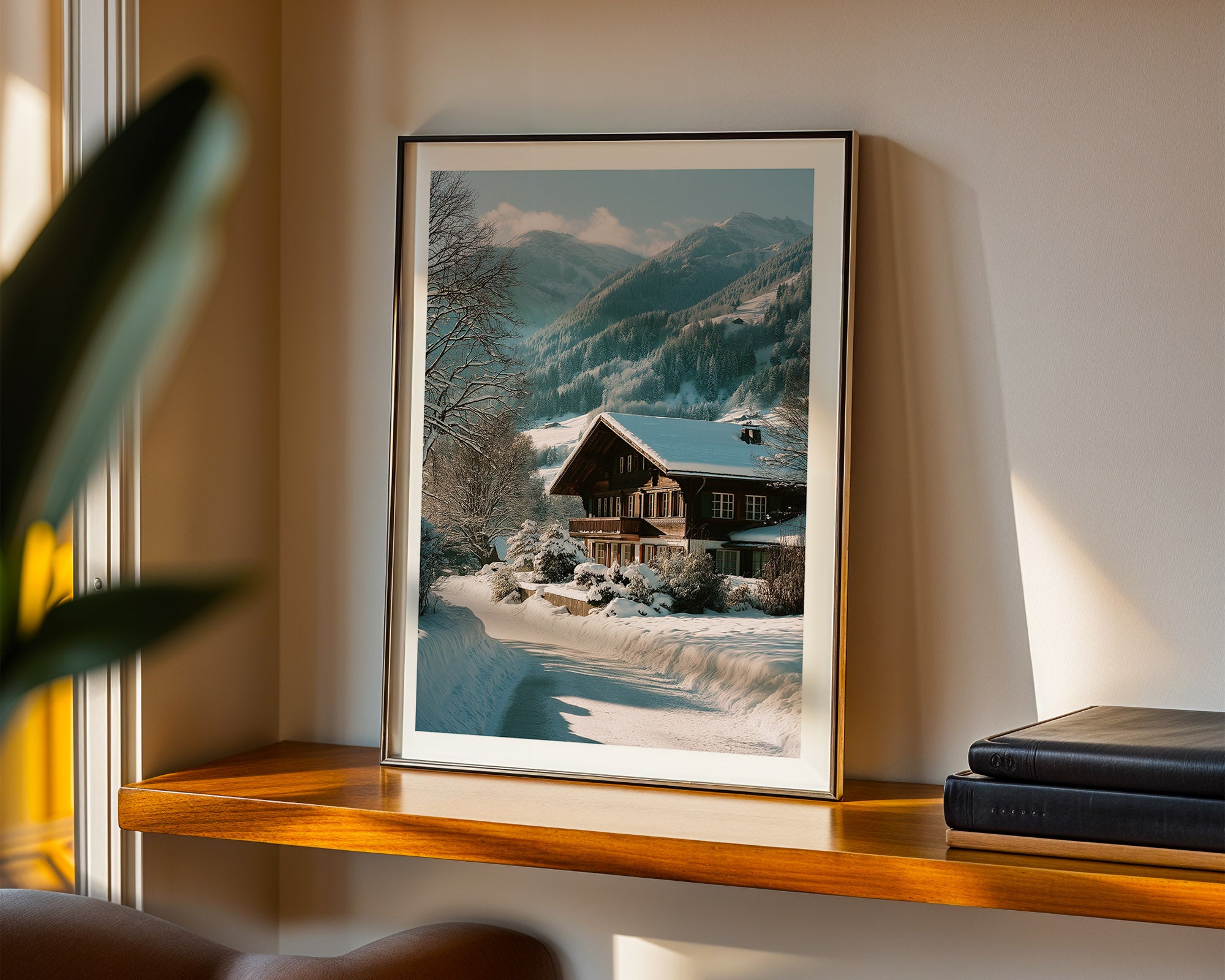 Framed photograph of a snowy mountain landscape with a cabin on a wooden shelf.