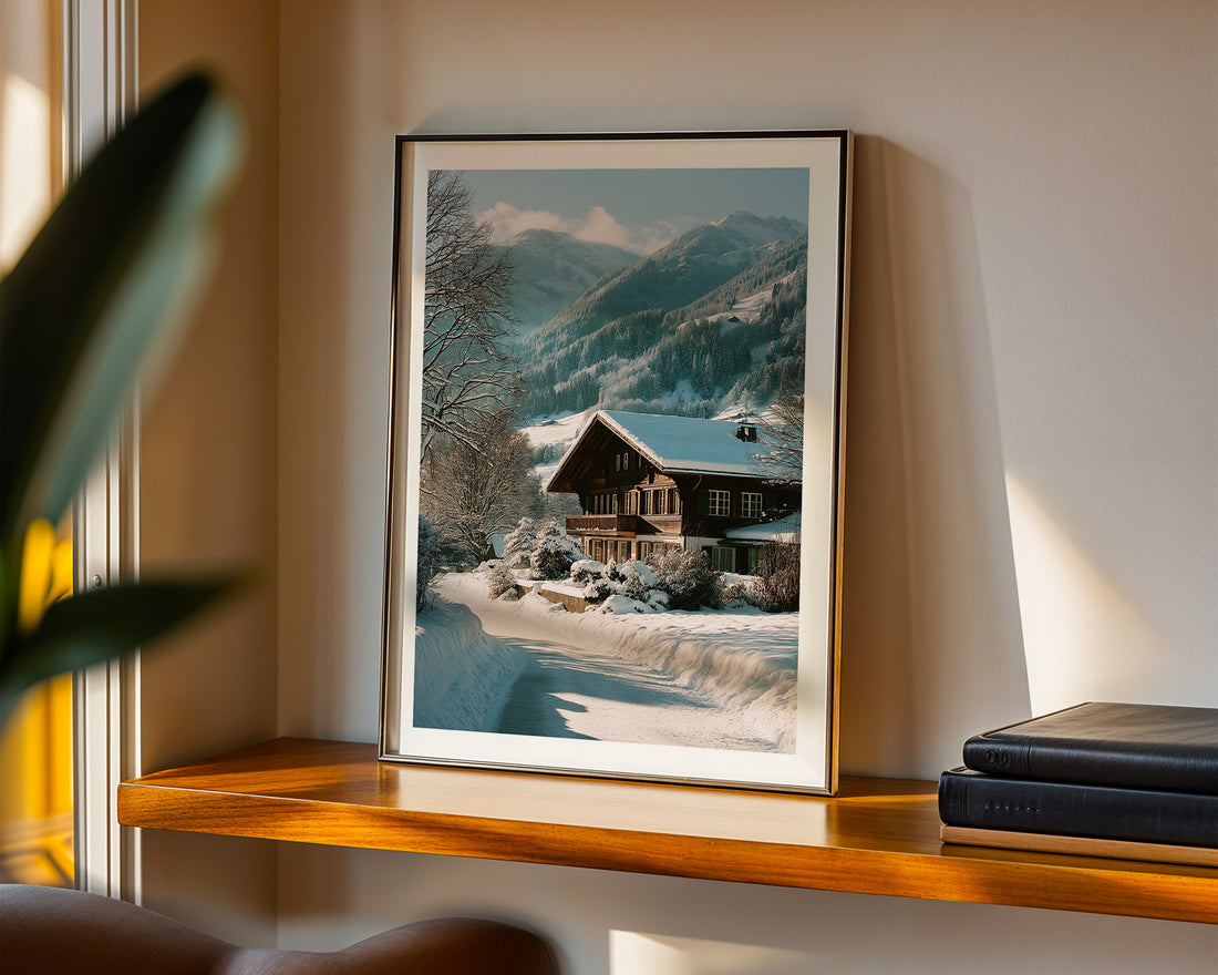 Framed photograph of a snowy mountain landscape with a cabin on a wooden shelf.